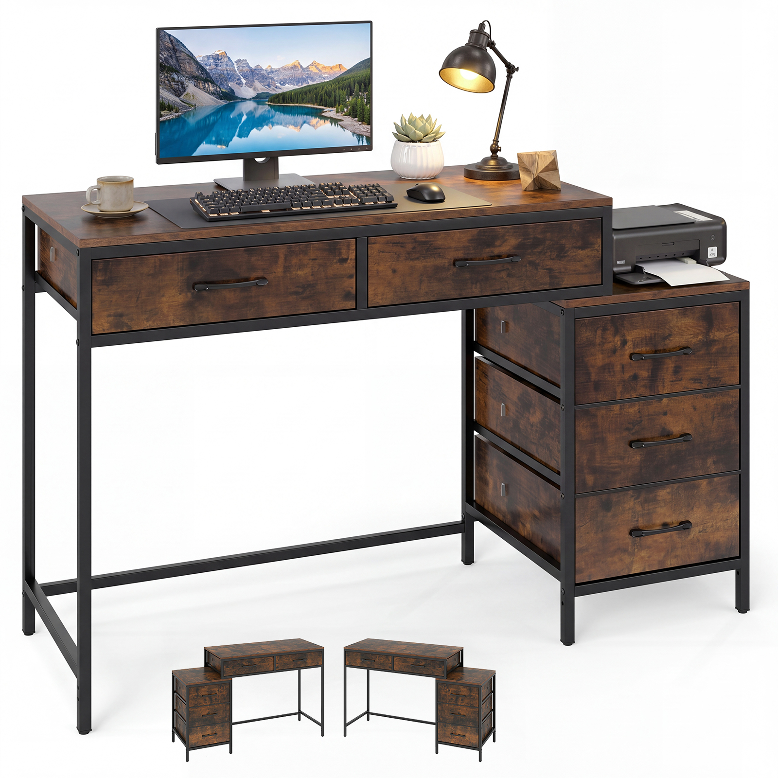 Computer Desk with 5 Drawers, 51 Inch Home Office Desk with