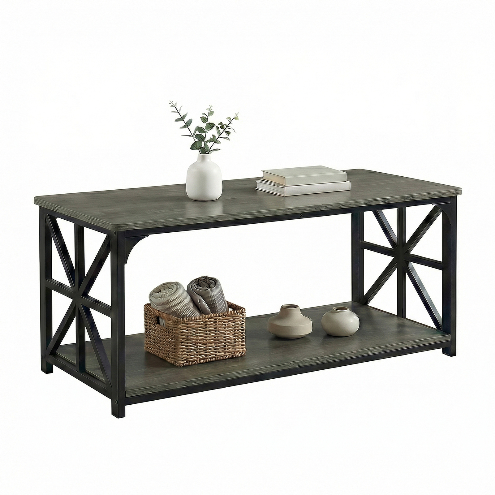 2-Tier Coffee Table, Industrial Accent Table with Dual Star-shaped Metal Frames