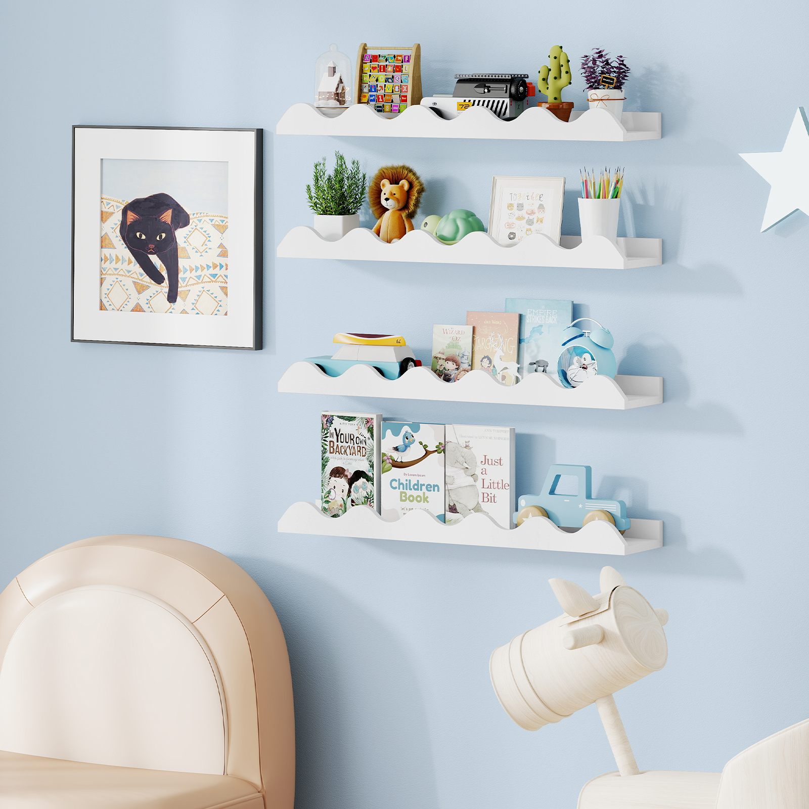 Kids Bookshelf Set of 4 with Fir Wood Structure & Wavy Anti-Falling Edge