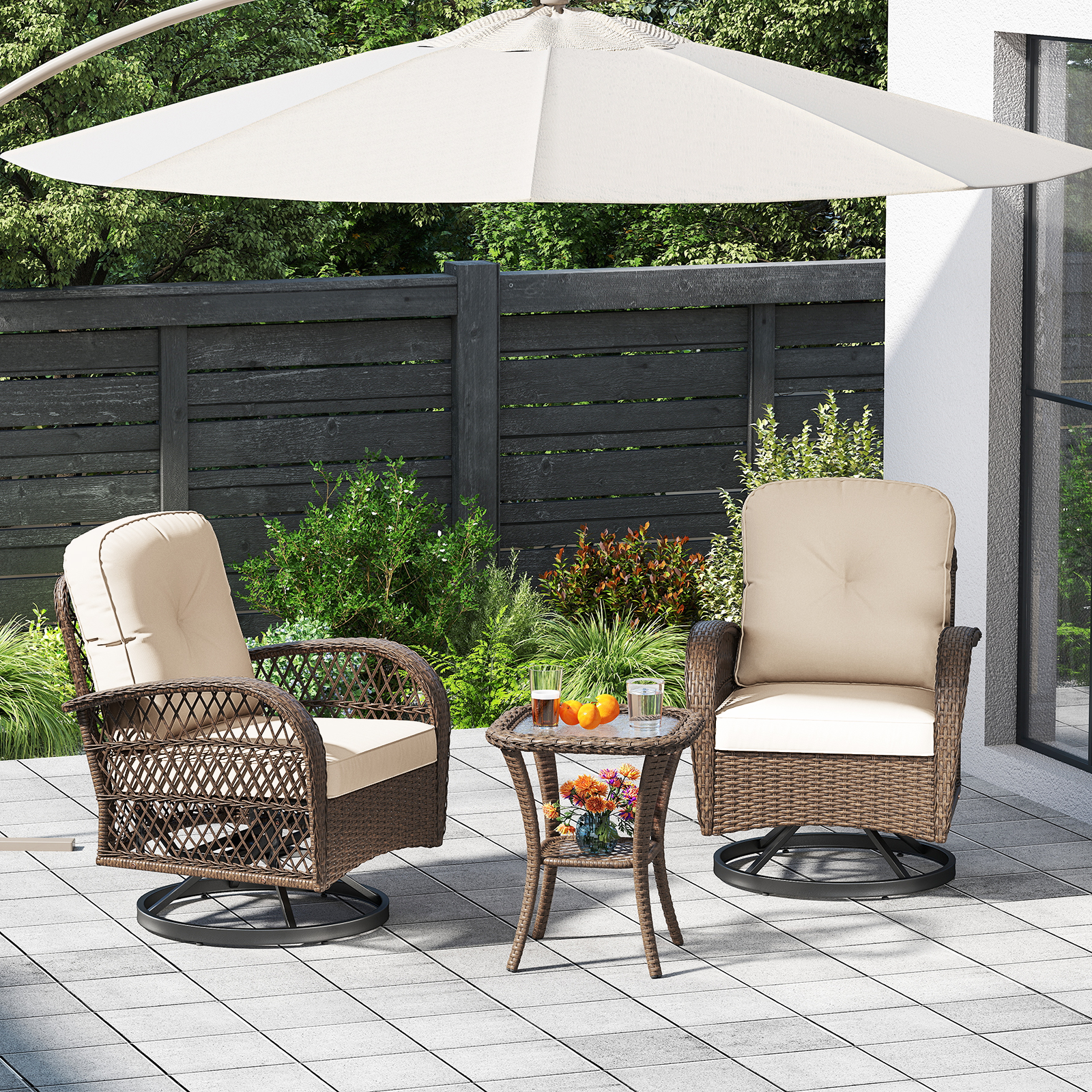 3PCS Patio Swivel Rocker Set Gliding Bistro Furniture Set w/Tempered Glass Table