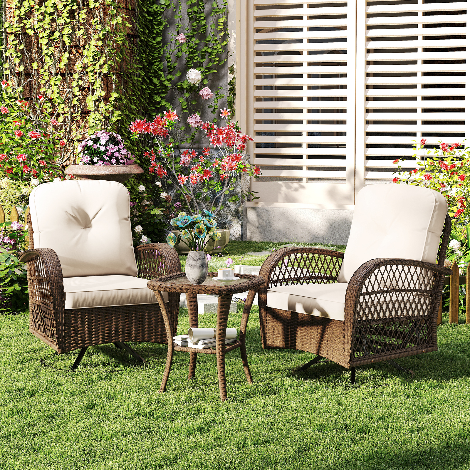 3PCS Patio Swivel Rocker Set Gliding Bistro Furniture Set w/Tempered Glass Table