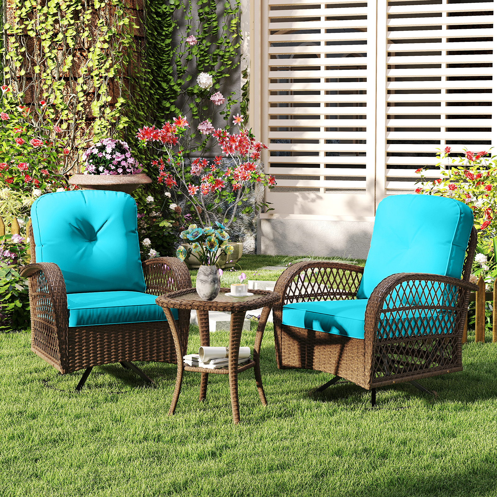 3PCS Patio Swivel Rocker Set Gliding Bistro Furniture Set w/Tempered Glass Table