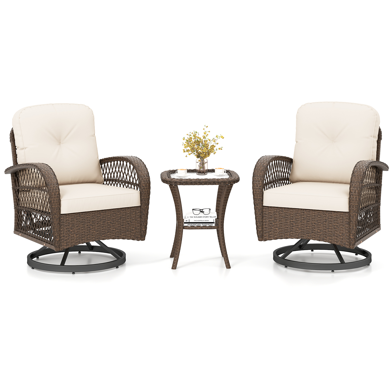 3PCS Patio Swivel Rocker Set Gliding Bistro Furniture Set w/Tempered Glass Table