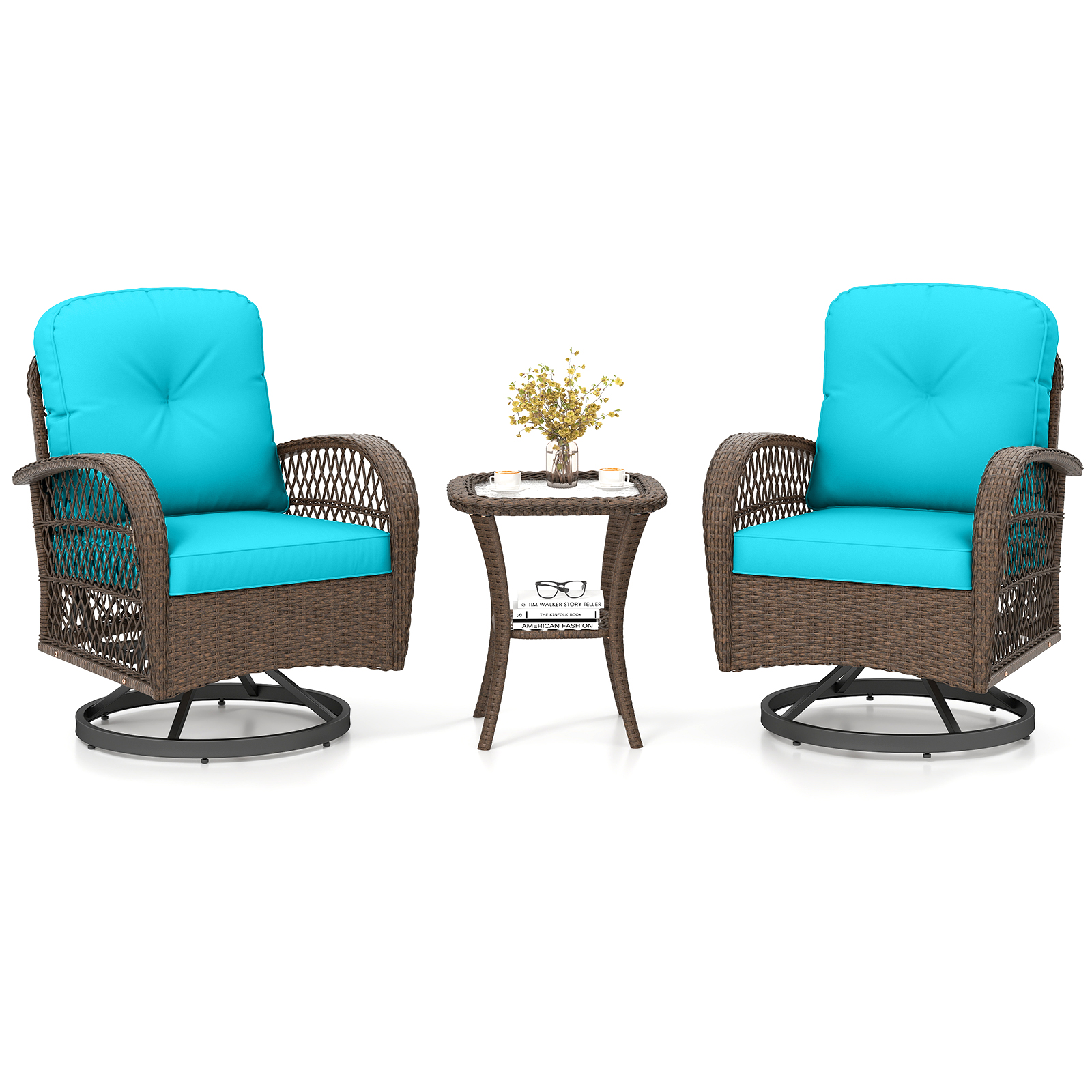 3PCS Patio Swivel Rocker Set Gliding Bistro Furniture Set w/Tempered Glass Table