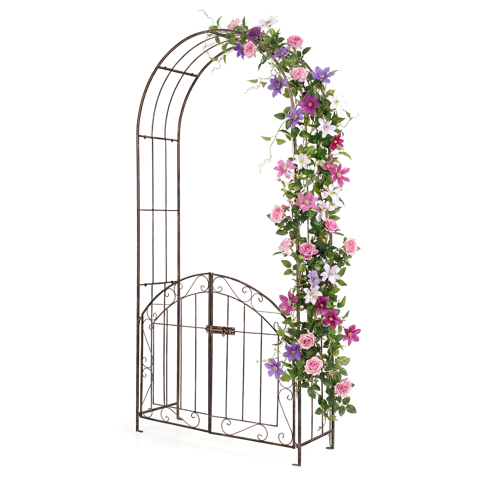 Garden Arch with Gate, 79″ Heavy-Duty Metal Arbor Trellis with Safety Latch