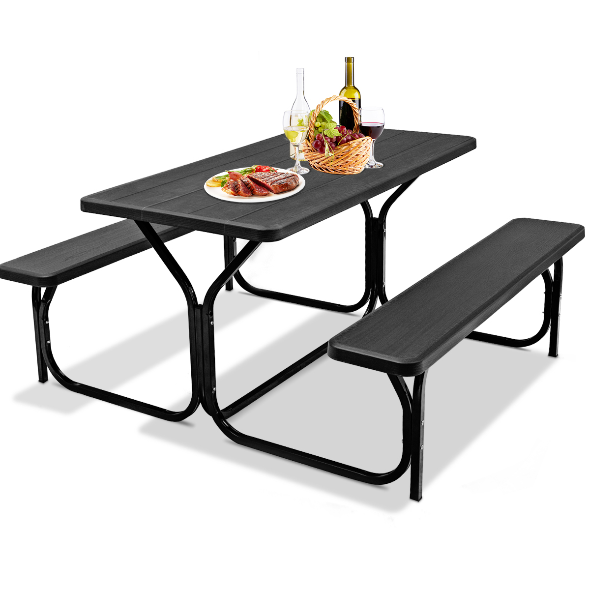 Picnic Table & Bench Set Portable Camping Trestle Table Chairs-Black