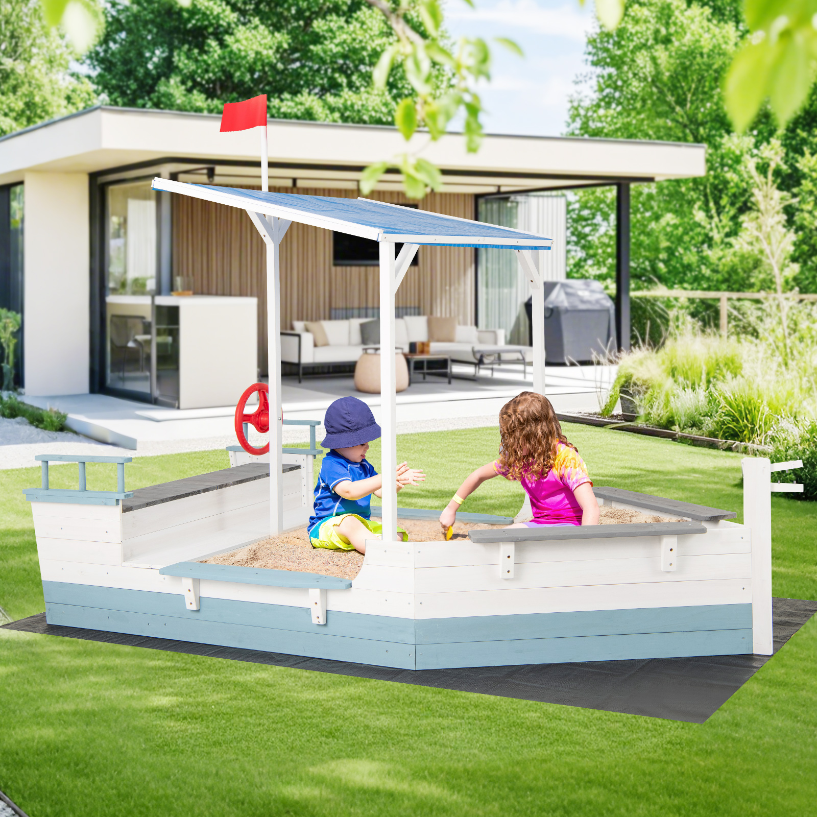 Wooden Kids Sandpit Pirate Ship Sand Boat w/ Storage Bench Seat-White