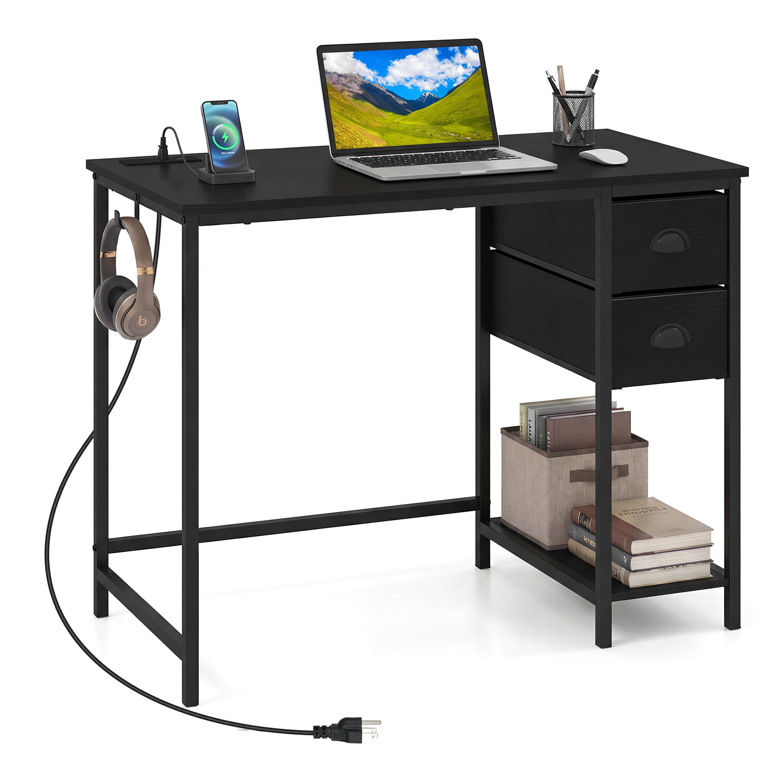 Computer Desk w/Charging Station, 2 Fabric Drawers, Storage Shelf Headphone Hook