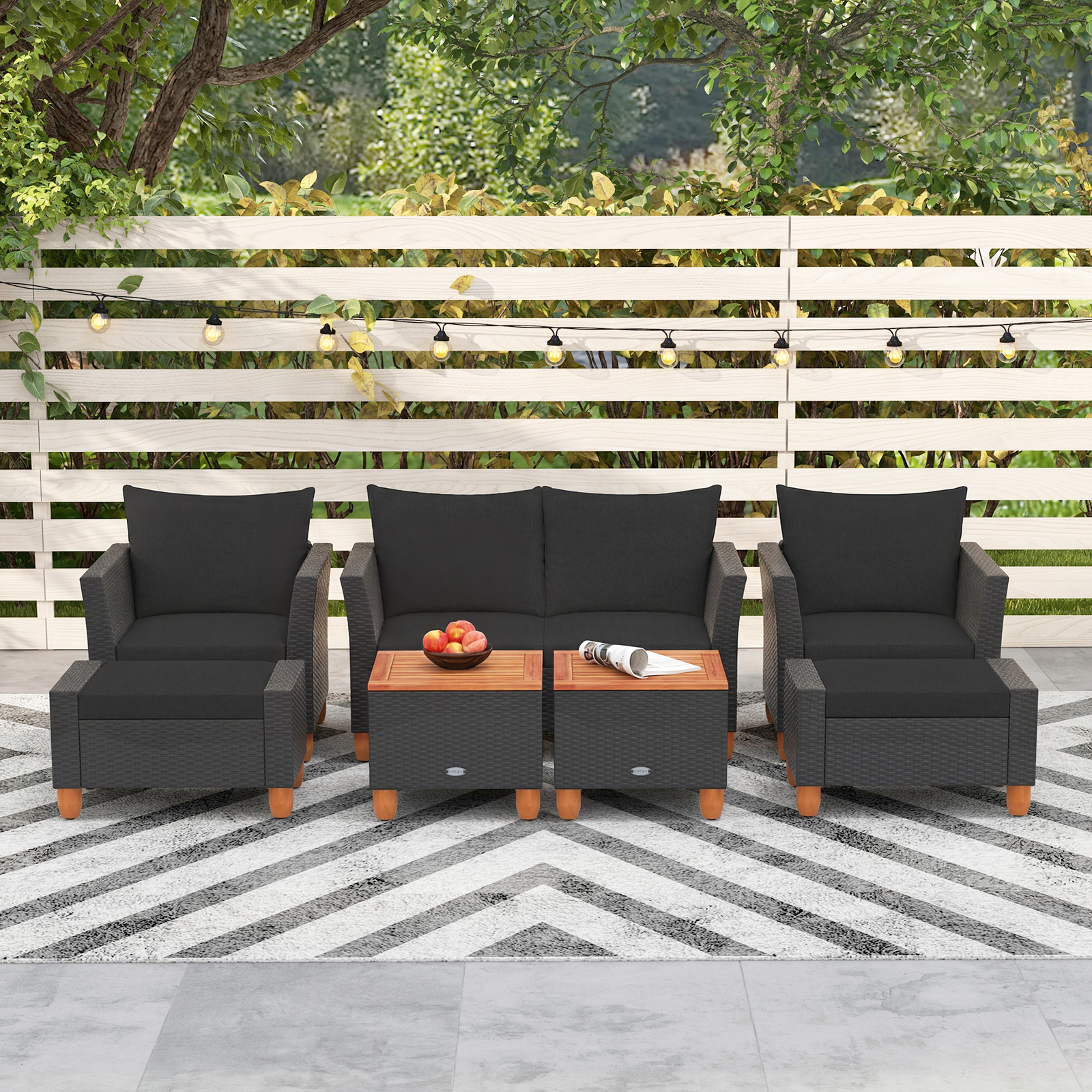 7 PCS Patio Furniture Set w/ Loveseat Armchairs Ottomans and Storage Table