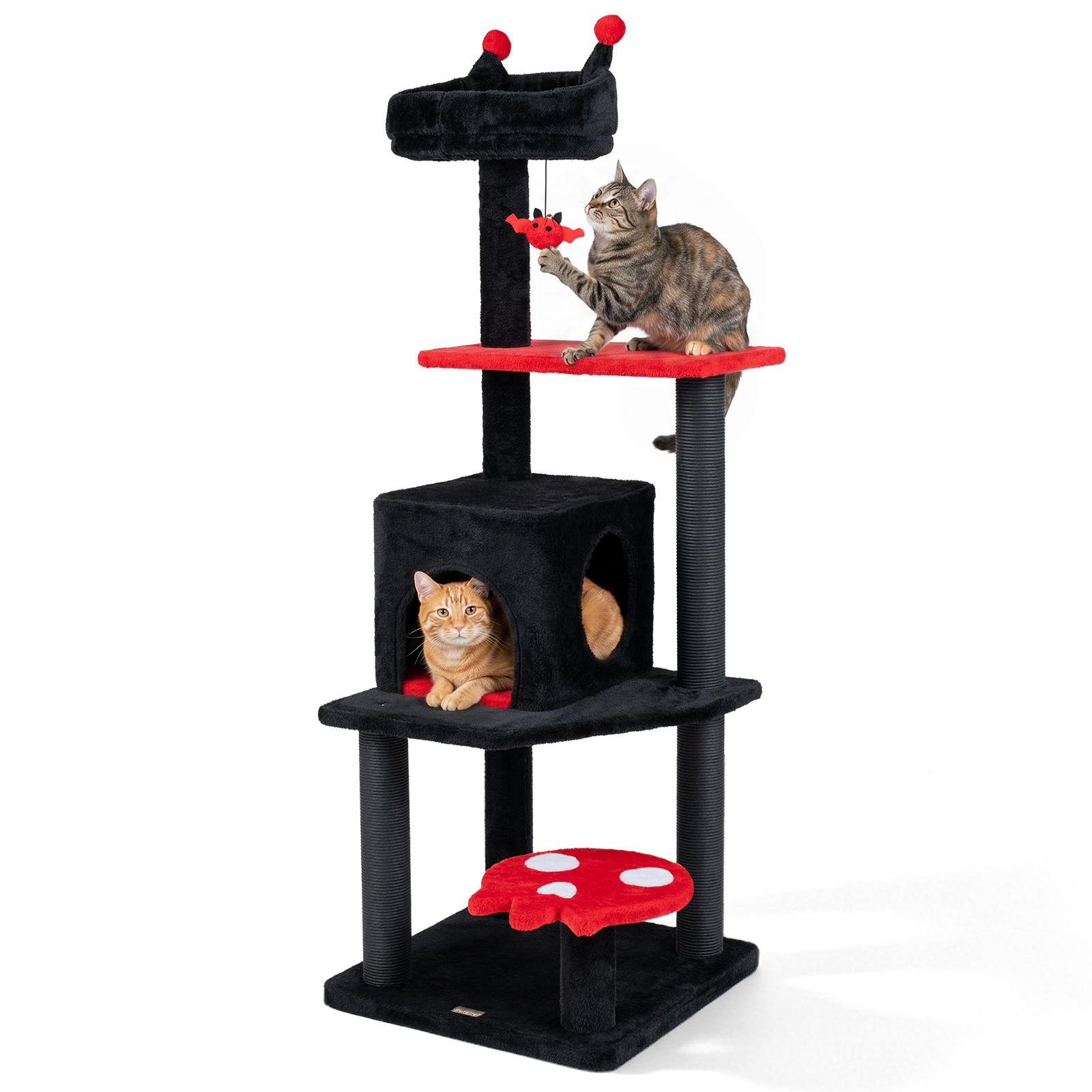 57” Gothic Cat Tree for Indoor Cats w/ Padded Perch, 2-Entry Condo, Hanging Toy