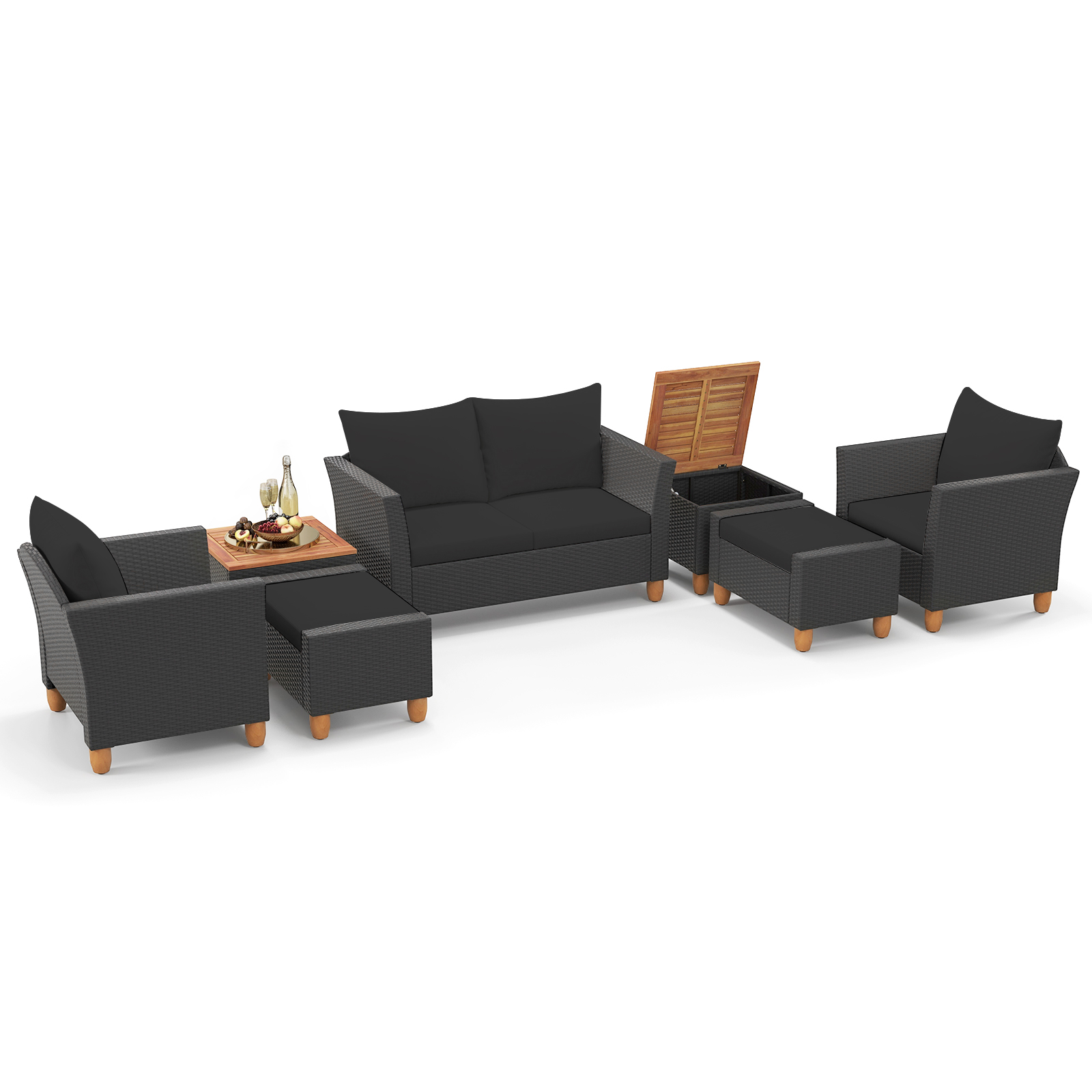 7 PCS Patio Furniture Set w/ Loveseat Armchairs Ottomans and Storage Table