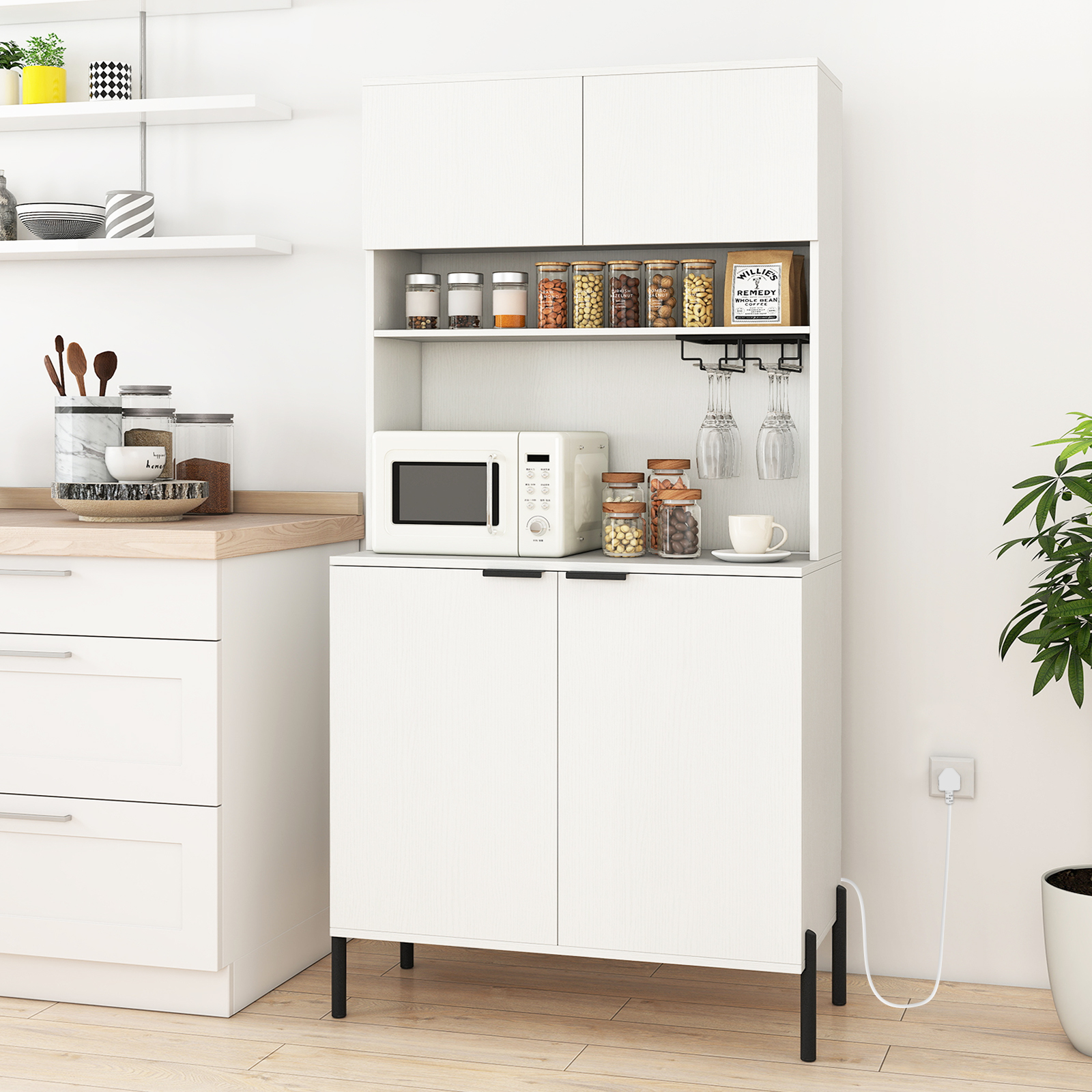 COSTWAY Kitchen Pantry Cabinet 164cm Kitchen Storage Hutch w/Power Outlets-White - Produktbild 2