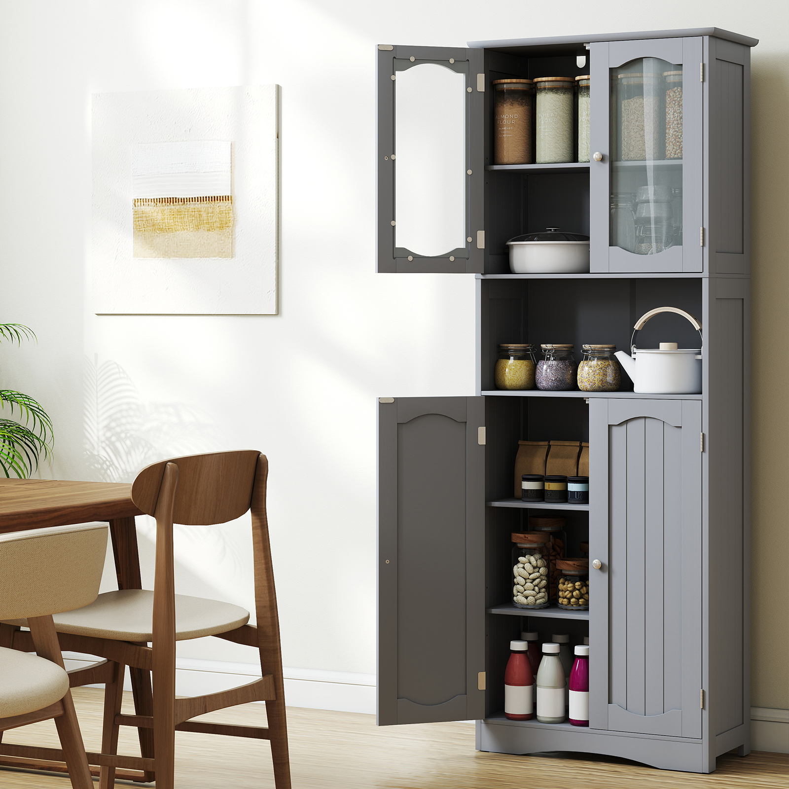 Tall Bathroom Grey Storage Cabinet Tempered Glass Door Pantry Cabinet - Produktbild 6