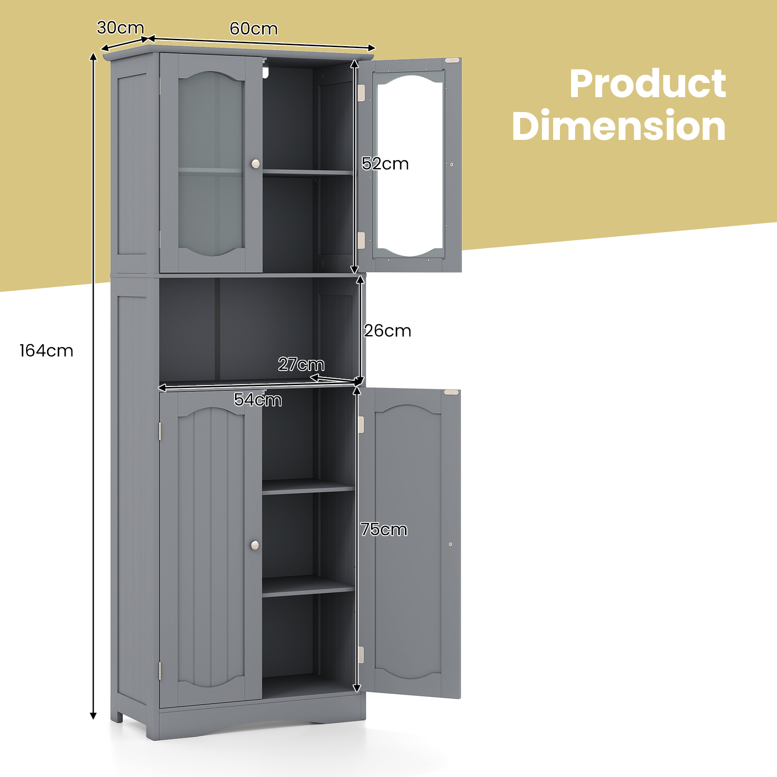 Tall Bathroom Grey Storage Cabinet Tempered Glass Door Pantry Cabinet - Produktbild 1