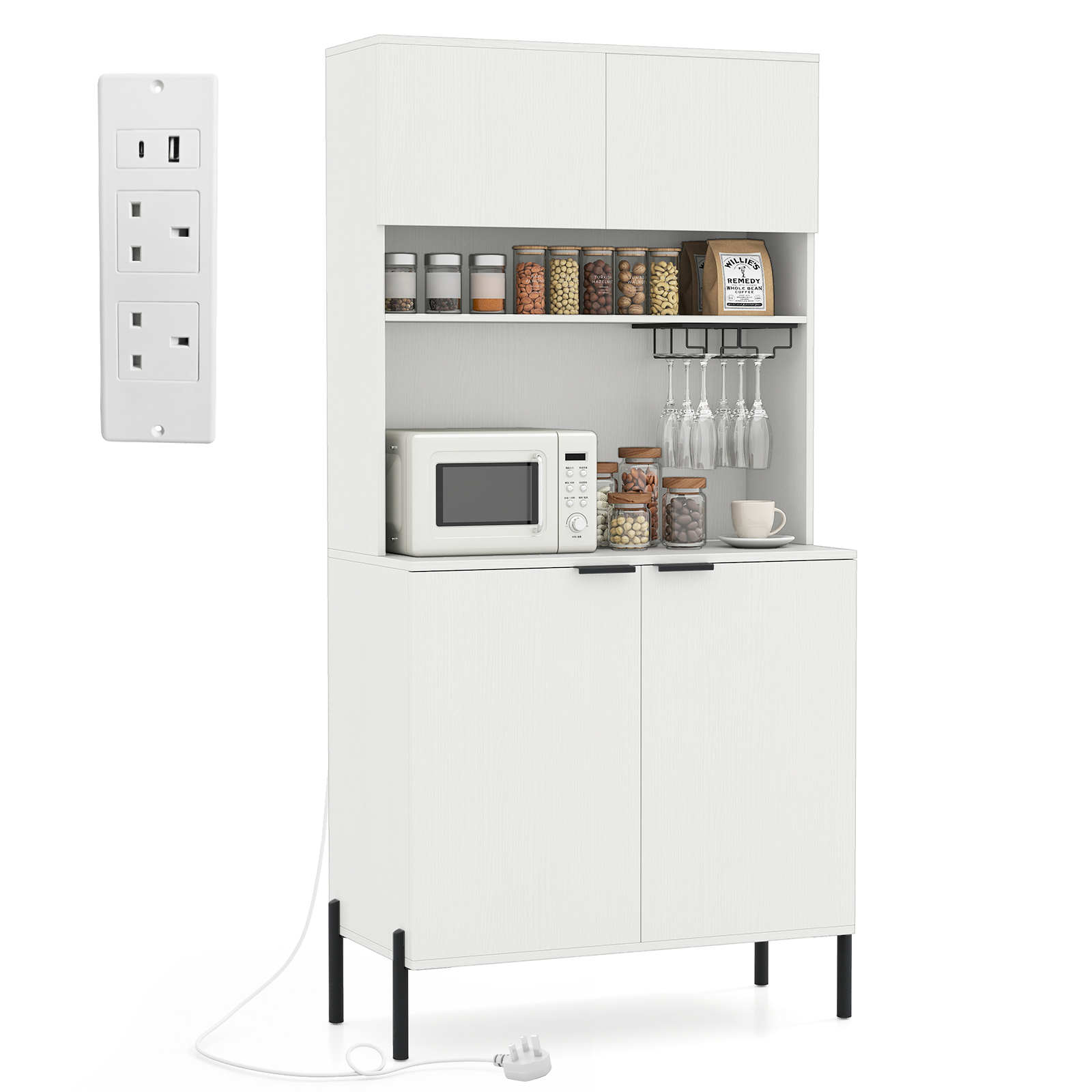 COSTWAY Kitchen Pantry Cabinet 164cm Kitchen Storage Hutch w/Power Outlets-White