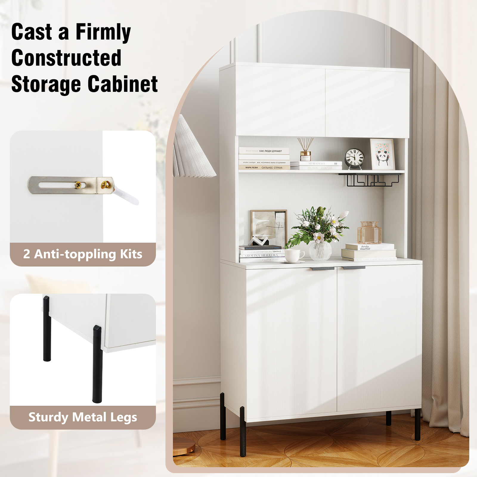 COSTWAY Kitchen Pantry Cabinet 164cm Kitchen Storage Hutch w/Power Outlets-White