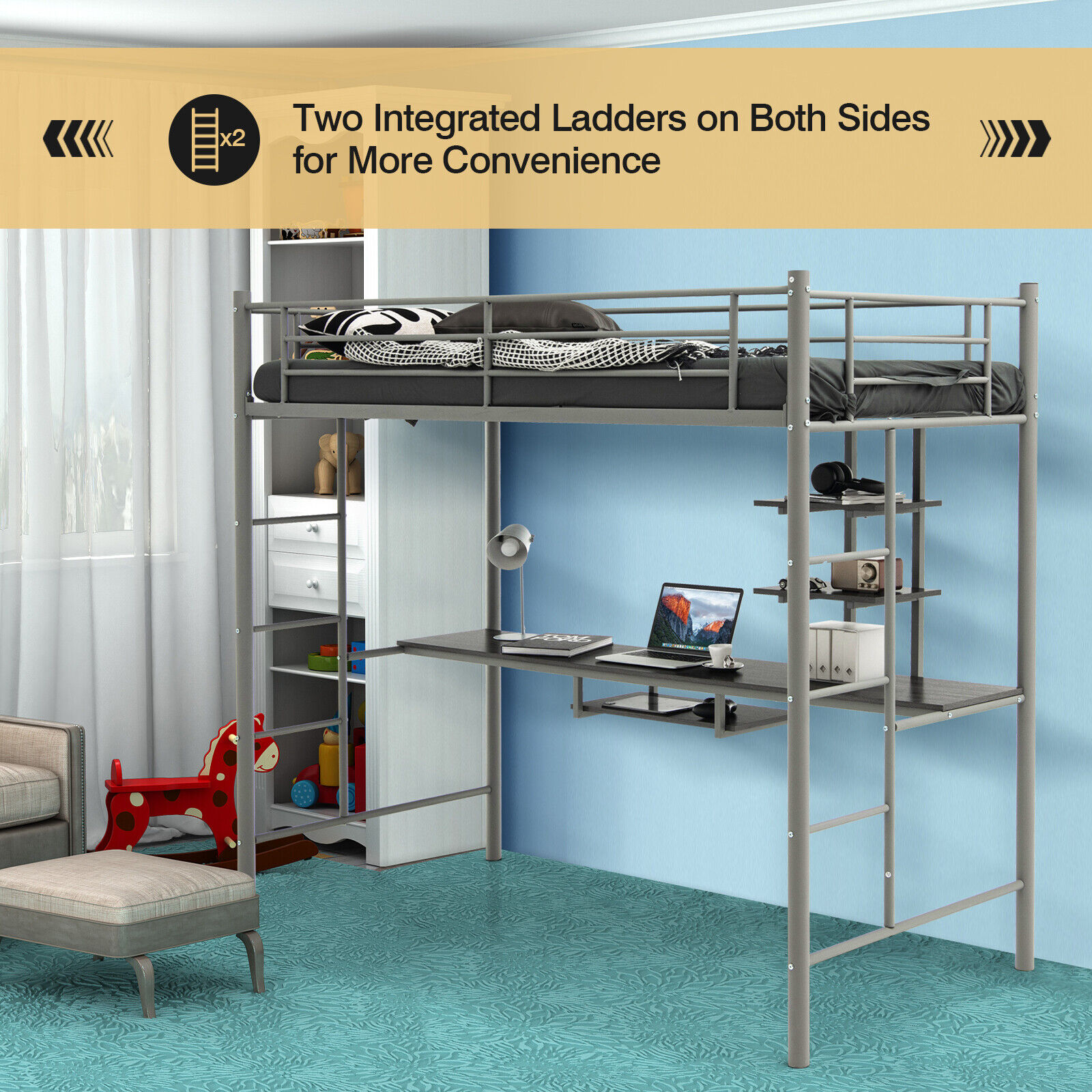 Costway Single High Sleeper Bed - Silver - Kids Loft Bed with Desk and Shelves - Image 2