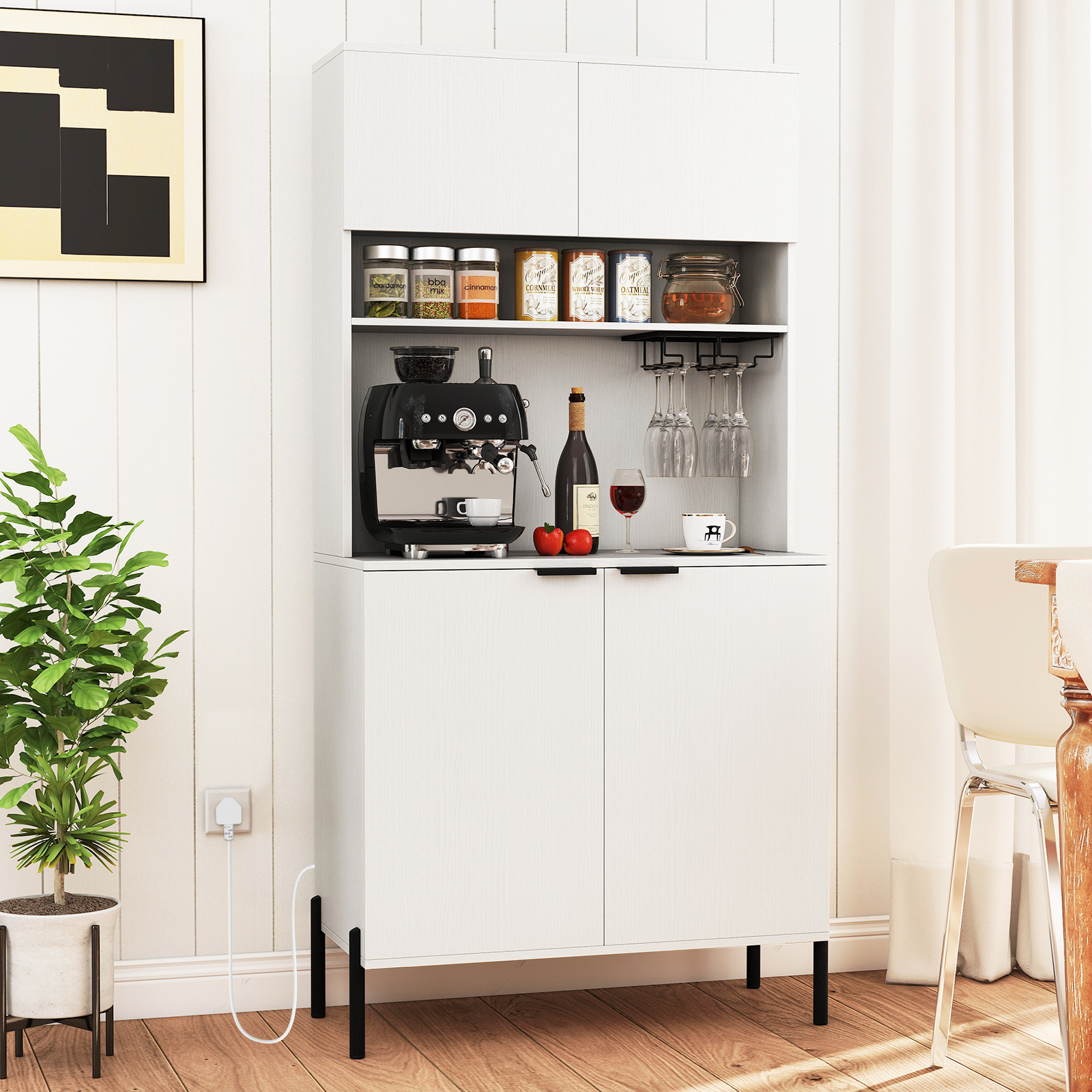 COSTWAY Kitchen Pantry Cabinet 164cm Kitchen Storage Hutch w/Power Outlets-White - Produktbild 3