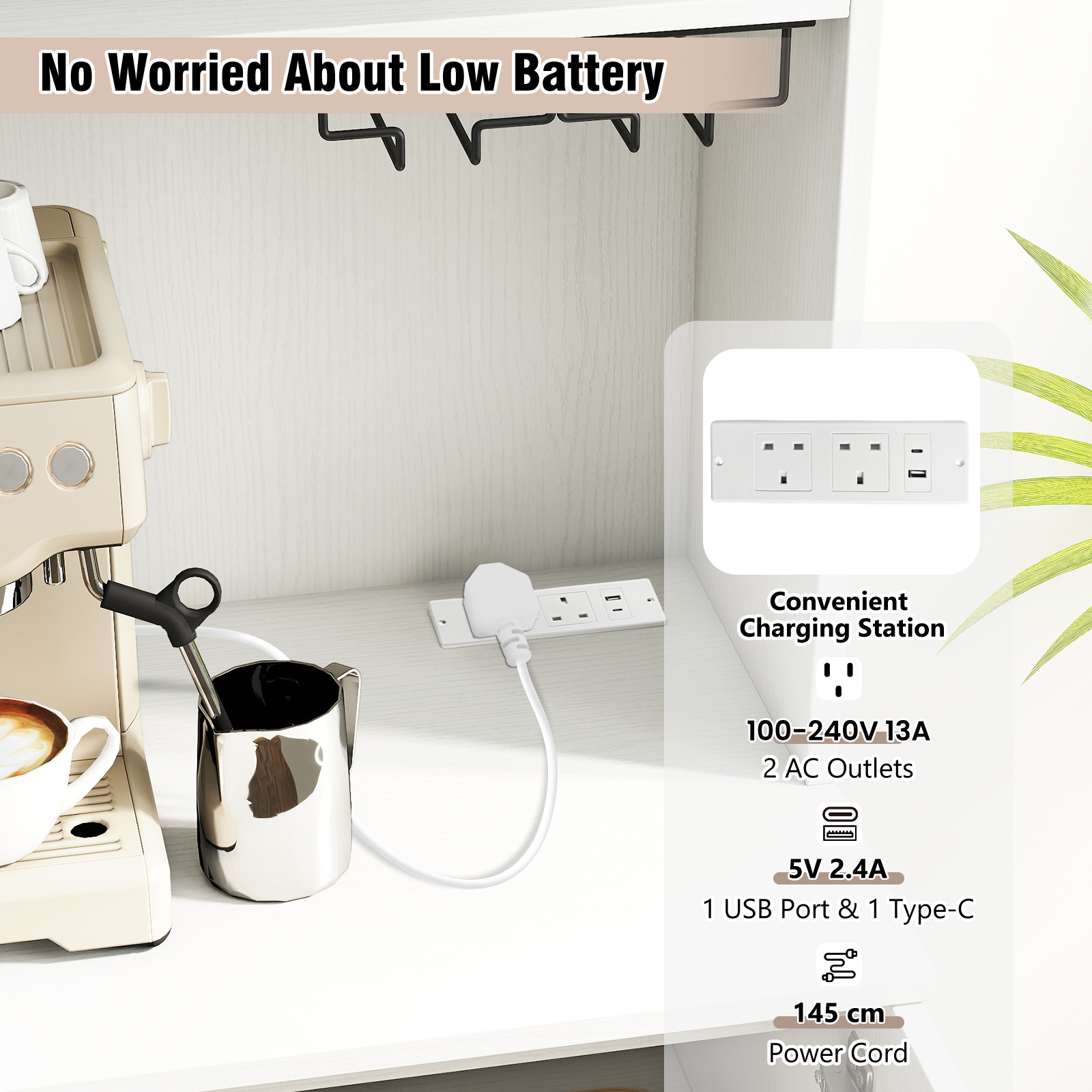 COSTWAY Kitchen Pantry Cabinet 164cm Kitchen Storage Hutch w/Power Outlets-White - Produktbild 8