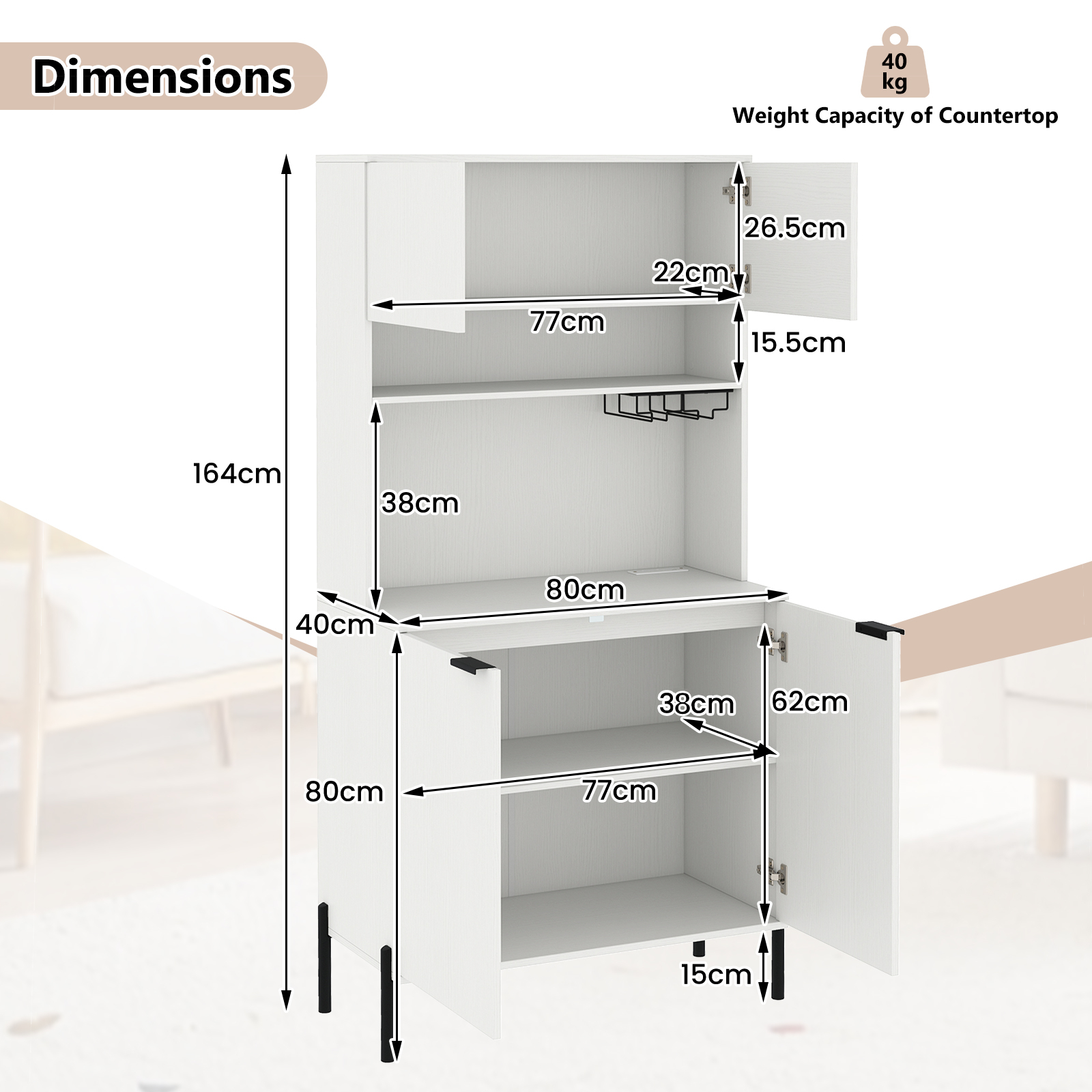 COSTWAY Kitchen Pantry Cabinet 164cm Kitchen Storage Hutch w/Power Outlets-White - Produktbild 1