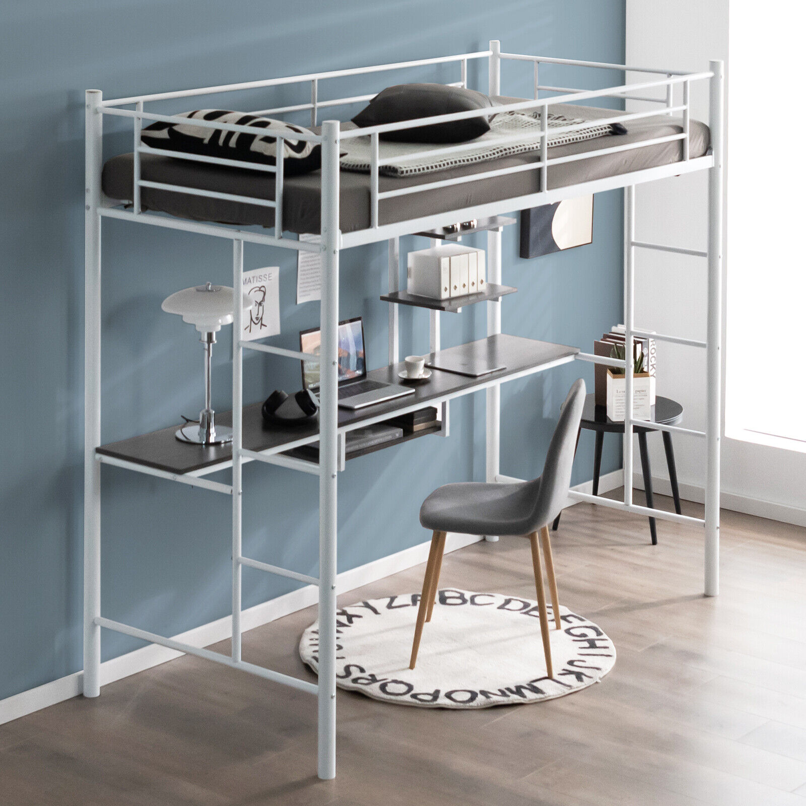 Costway White Metal Bunk Bed Frame High Sleeper With Desk And Storage Shelves - Image 4