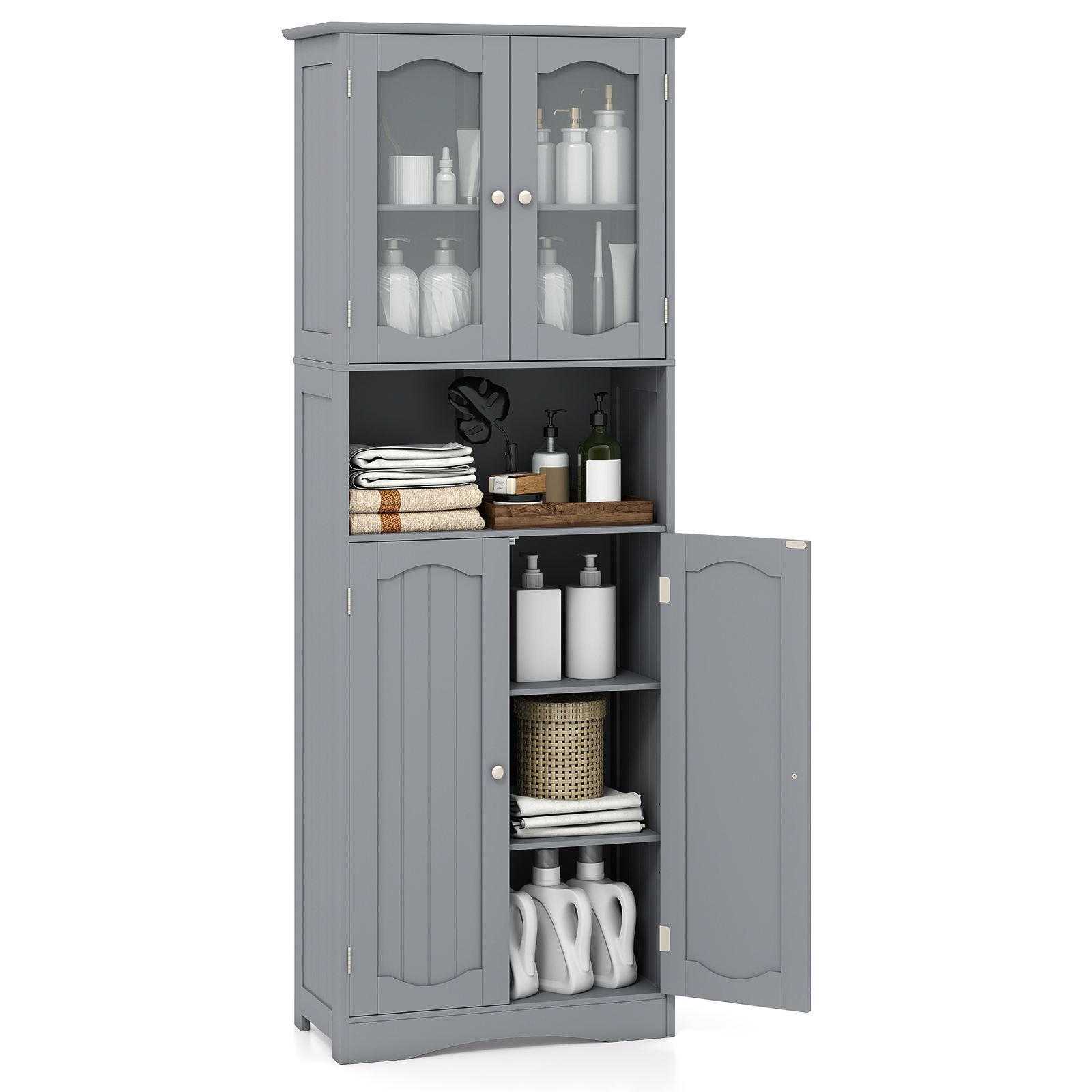 Tall Bathroom Grey Storage Cabinet Tempered Glass Door Pantry Cabinet - Produktbild 2