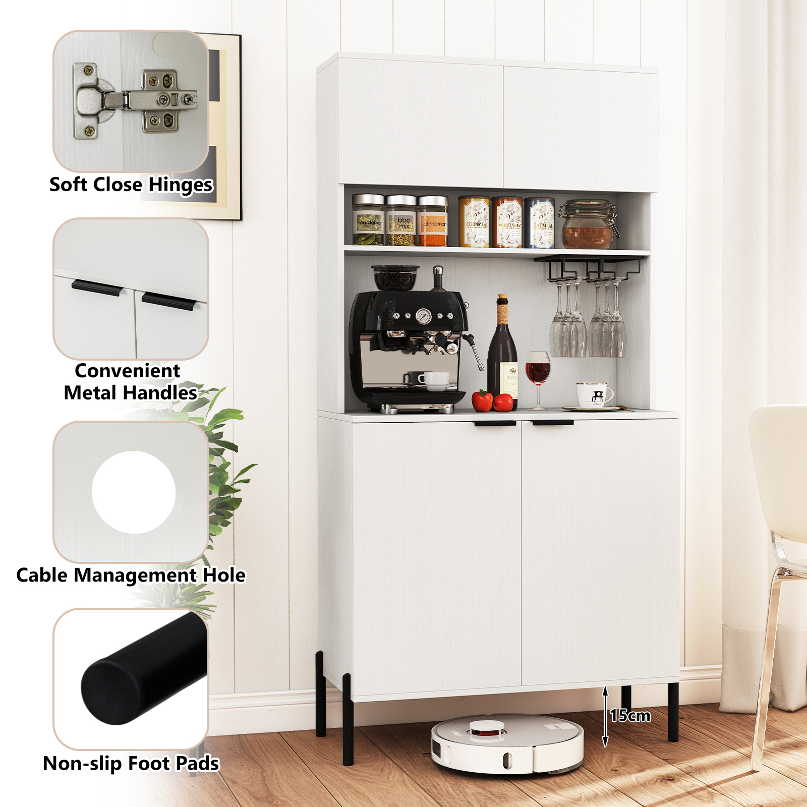 COSTWAY Kitchen Pantry Cabinet 164cm Kitchen Storage Hutch w/Power Outlets-White - Produktbild 5
