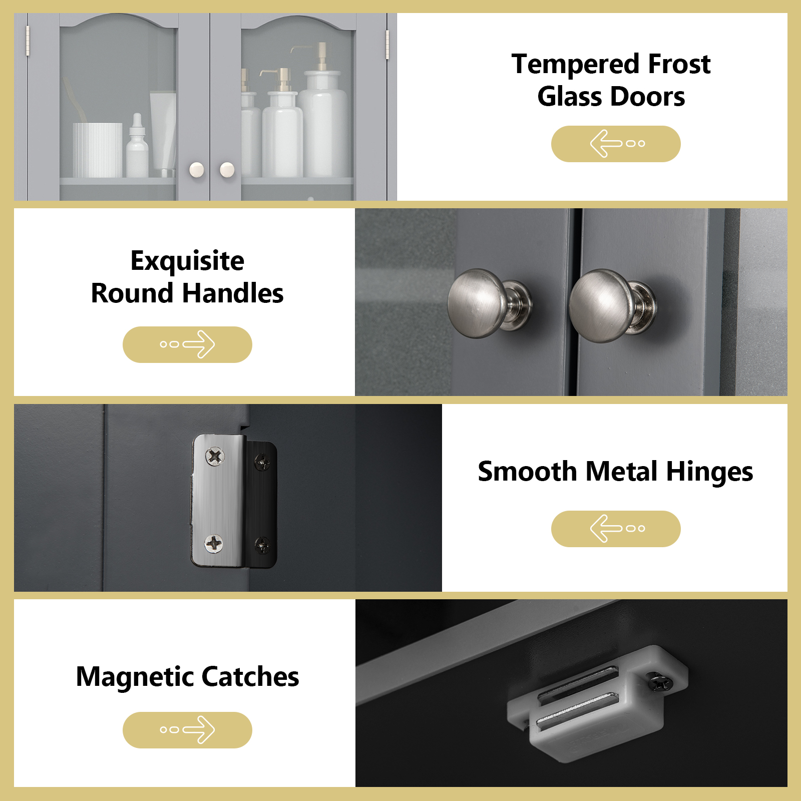 Tall Bathroom Grey Storage Cabinet Tempered Glass Door Pantry Cabinet - Produktbild 7