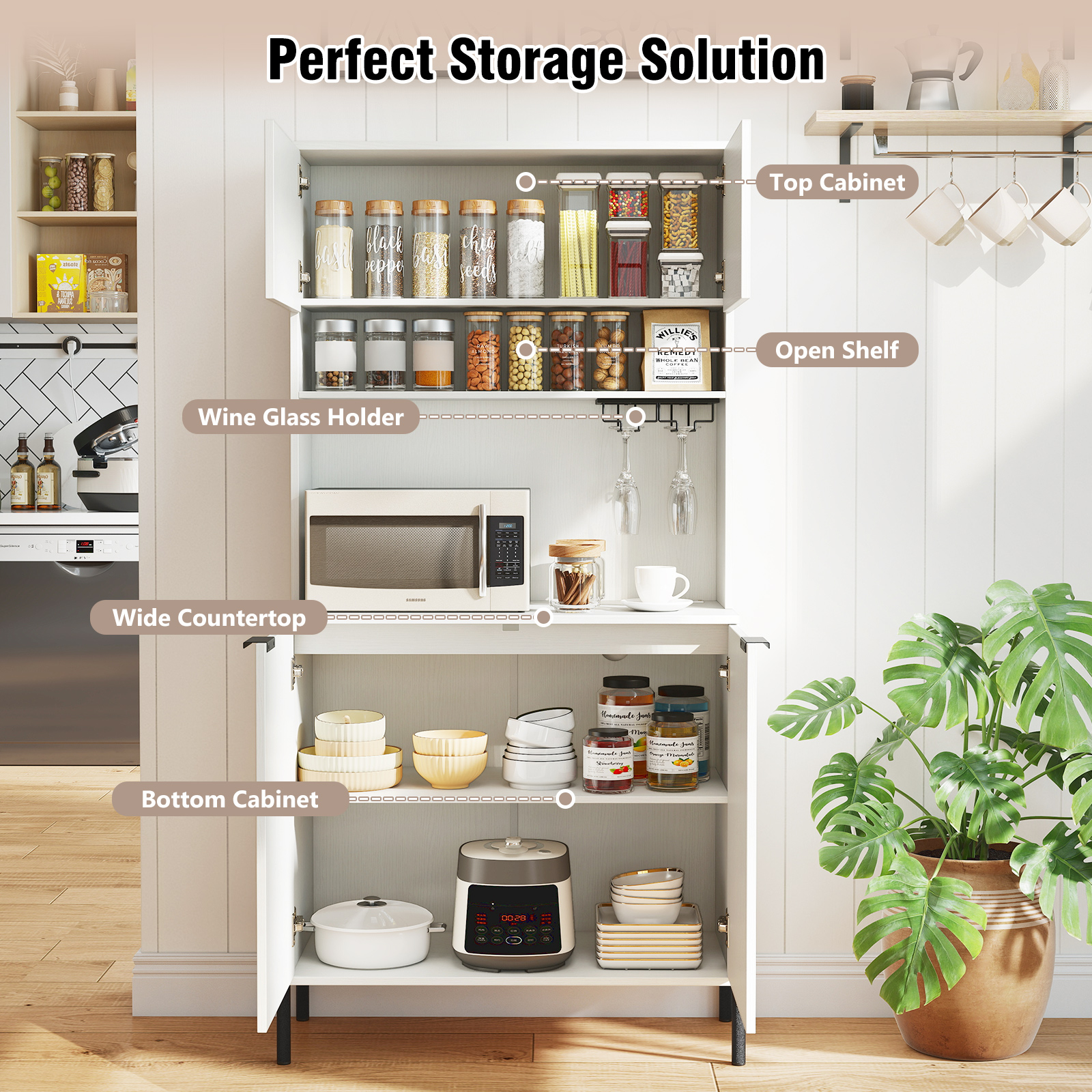 COSTWAY Kitchen Pantry Cabinet 164cm Kitchen Storage Hutch w/Power Outlets-White - Produktbild 6