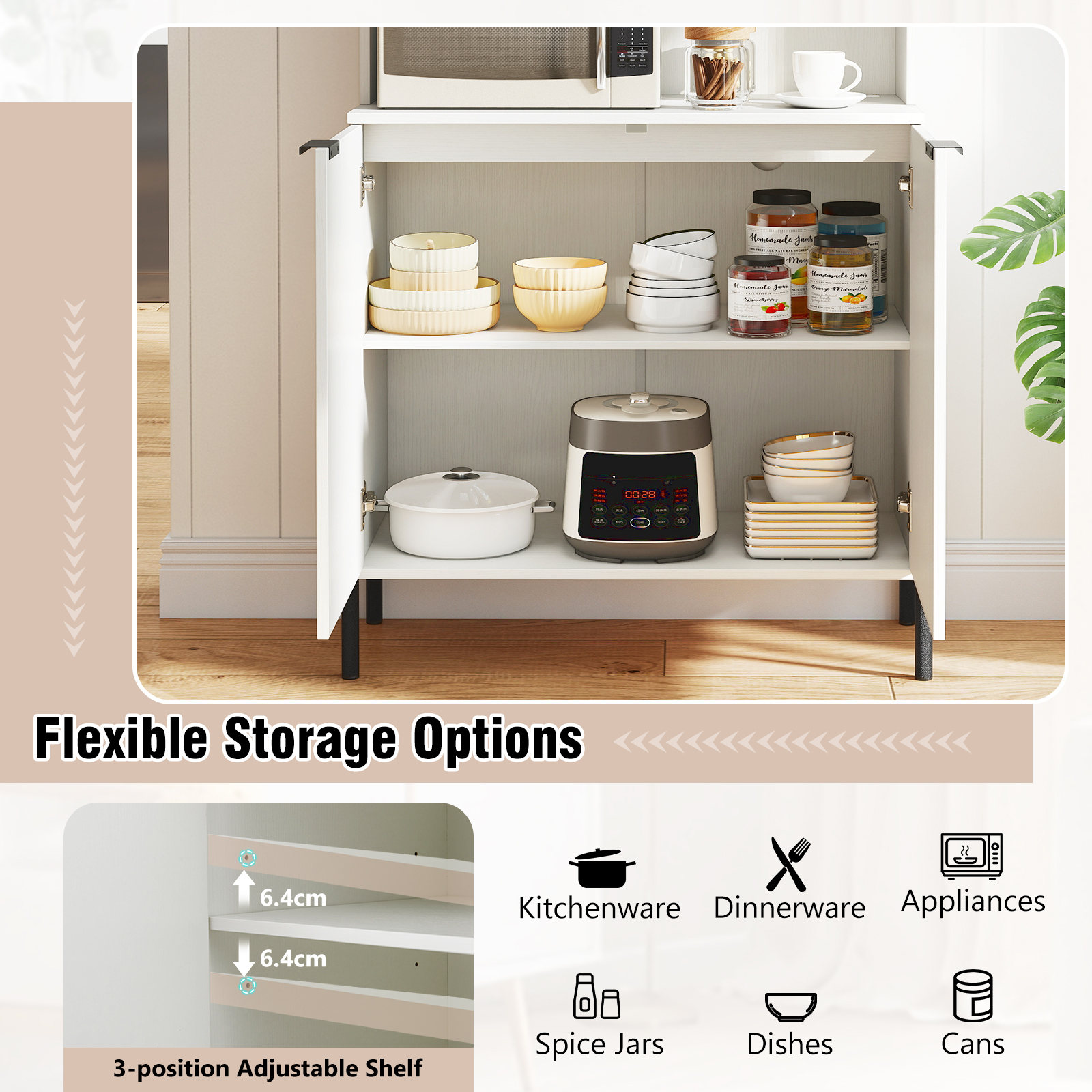COSTWAY Kitchen Pantry Cabinet 164cm Kitchen Storage Hutch w/Power Outlets-White - Produktbild 7