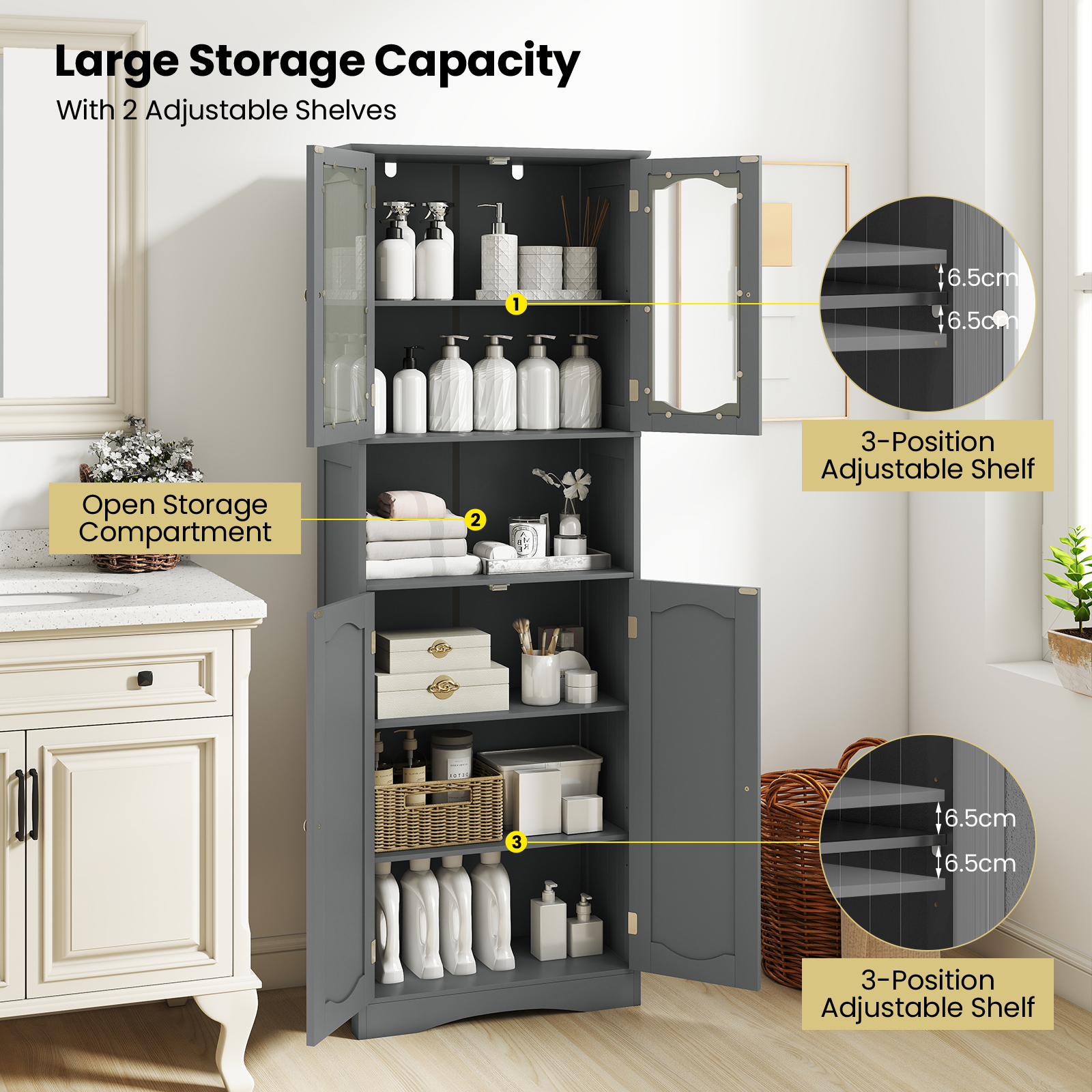 Tall Bathroom Grey Storage Cabinet Tempered Glass Door Pantry Cabinet - Produktbild 8