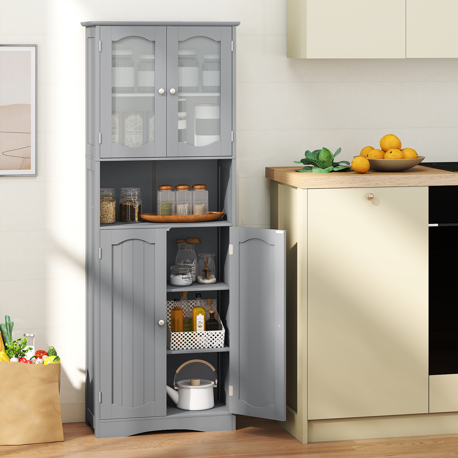 Tall Bathroom Grey Storage Cabinet Tempered Glass Door Pantry Cabinet - Produktbild 5