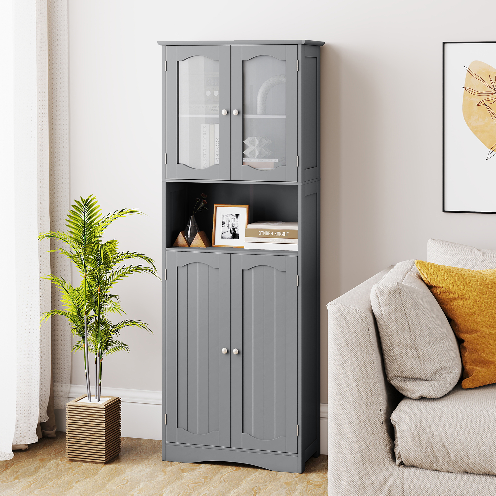 Tall Bathroom Grey Storage Cabinet Tempered Glass Door Pantry Cabinet - Produktbild 4