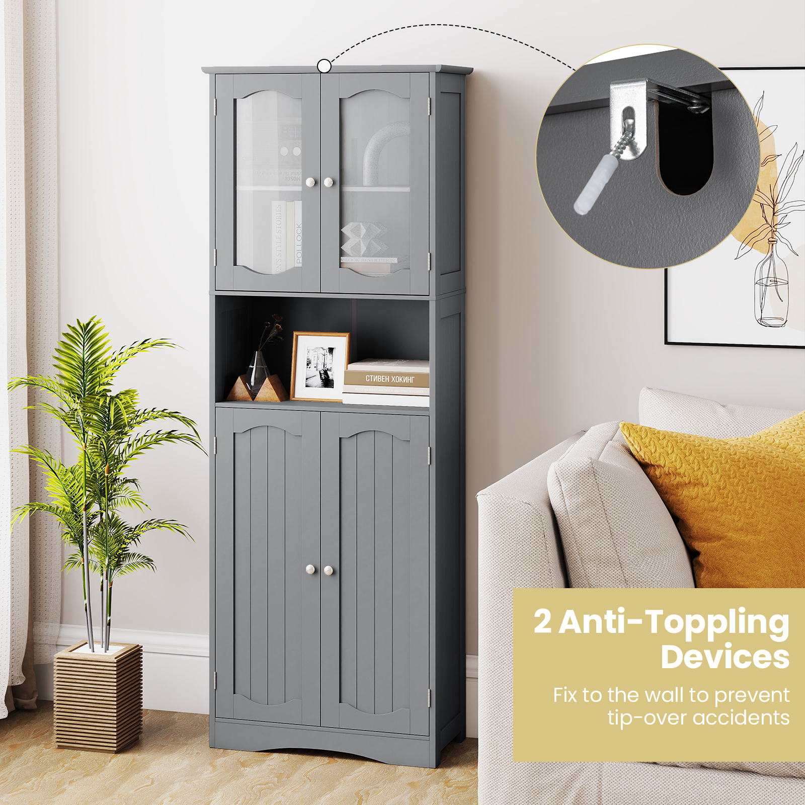 Tall Bathroom Grey Storage Cabinet Tempered Glass Door Pantry Cabinet - Produktbild 3