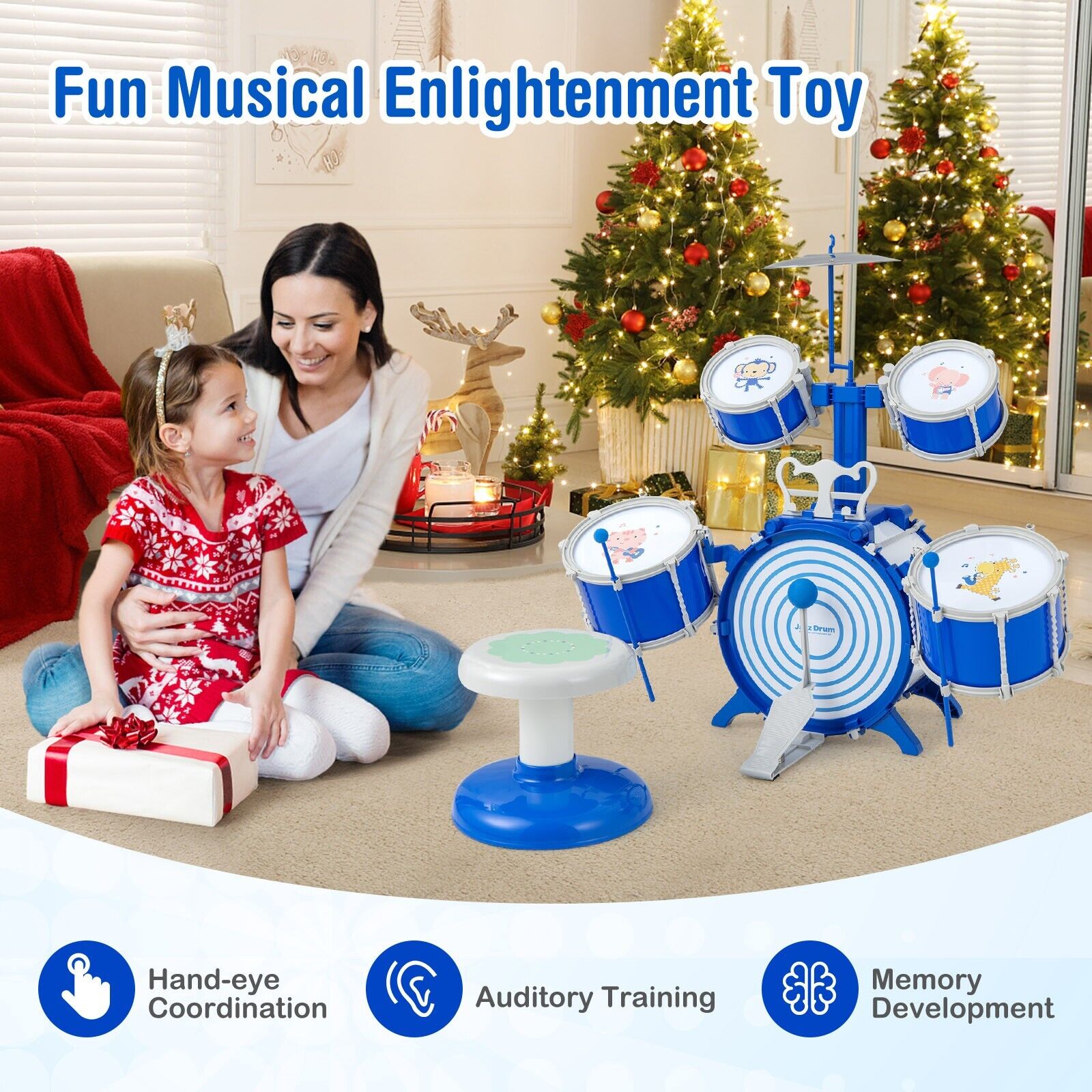 Kids Drum Kit w/ Stool Jazz Drum Set w/ Bass Drum Musical Instrument Toy