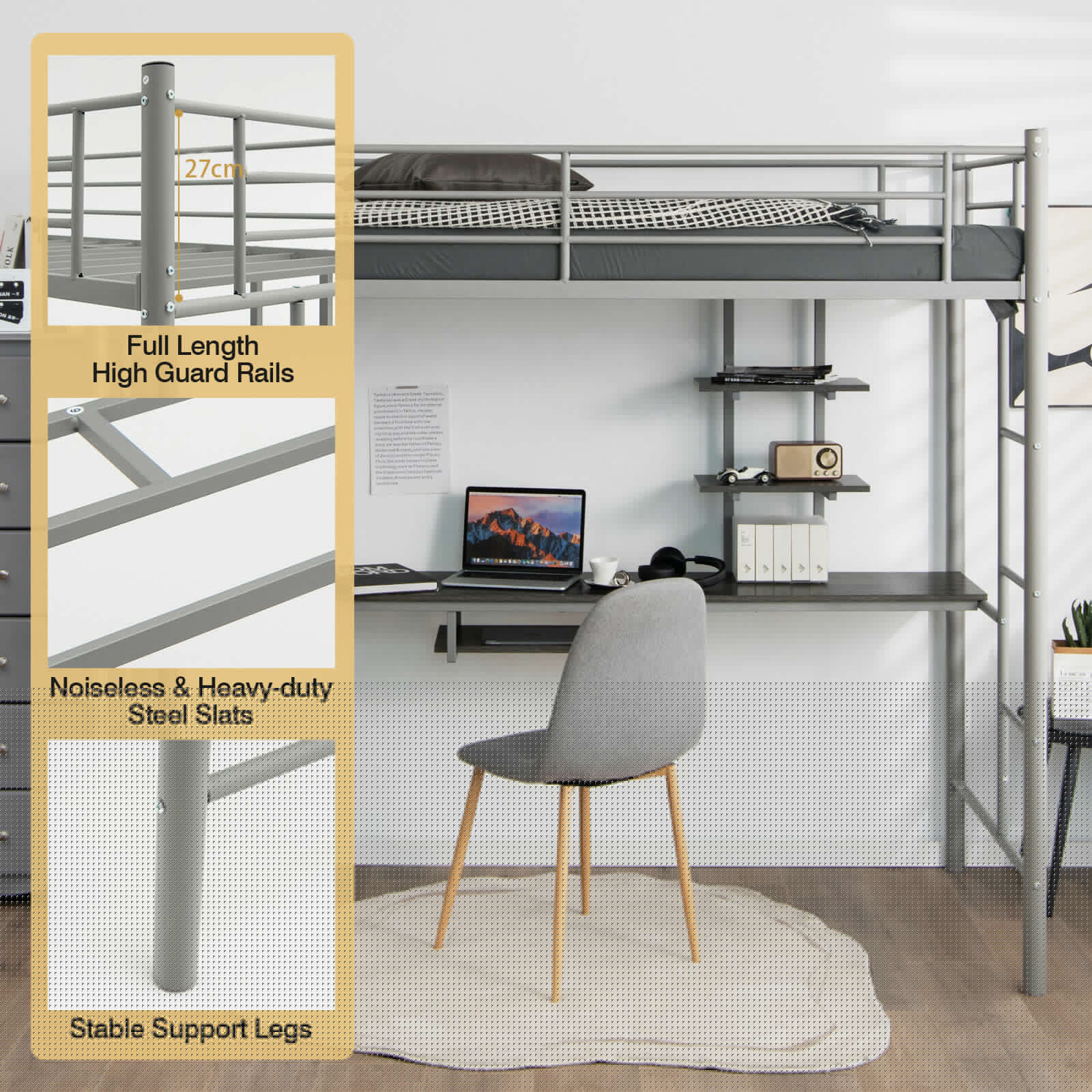 Costway Single High Sleeper Bed - Silver - Kids Loft Bed with Desk and Shelves - Image 3