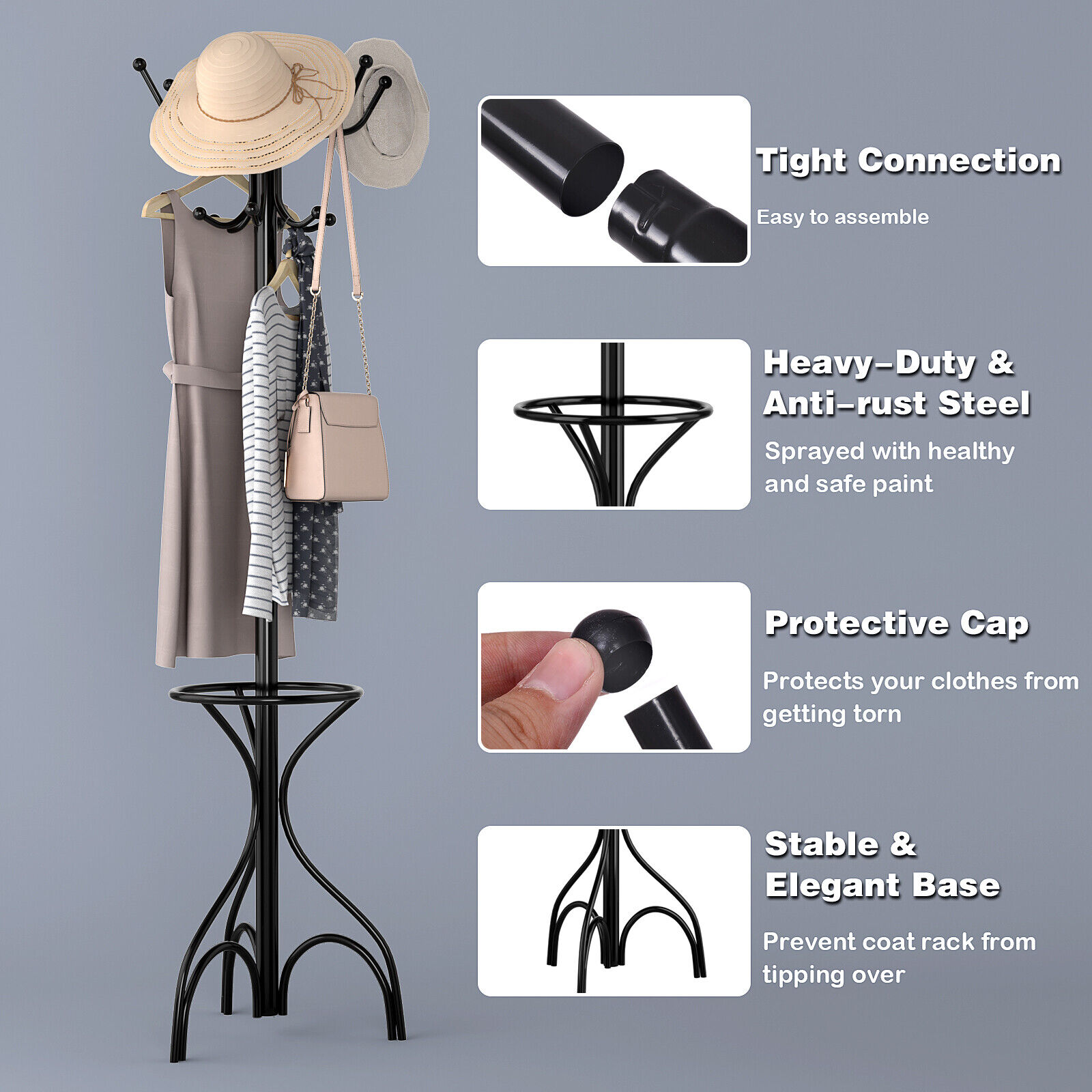 Modern Coat Stand Hanger 12 Hooks Metal Clothes Rack with Umbrella Holder