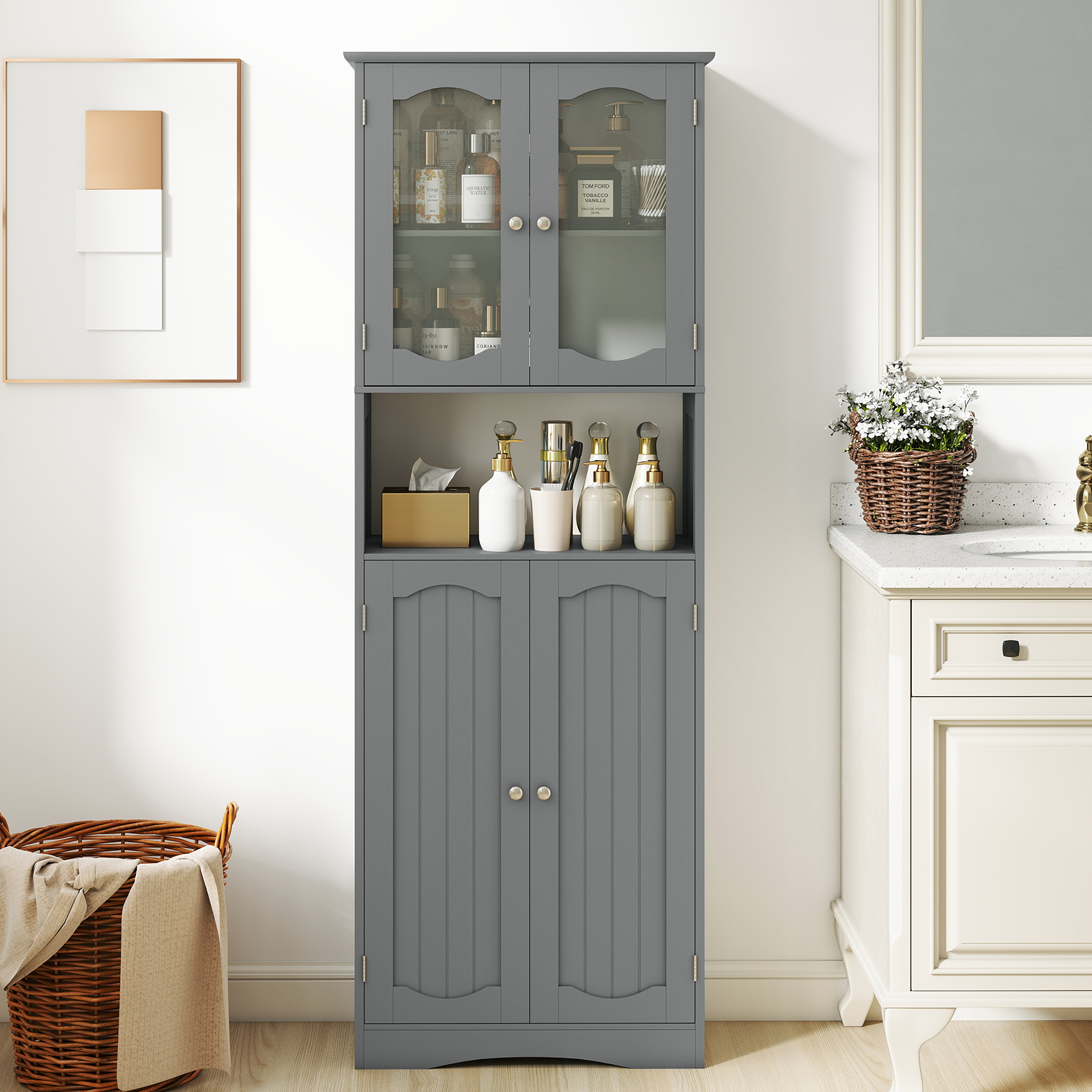 Tall Bathroom Grey Storage Cabinet Tempered Glass Door Pantry Cabinet