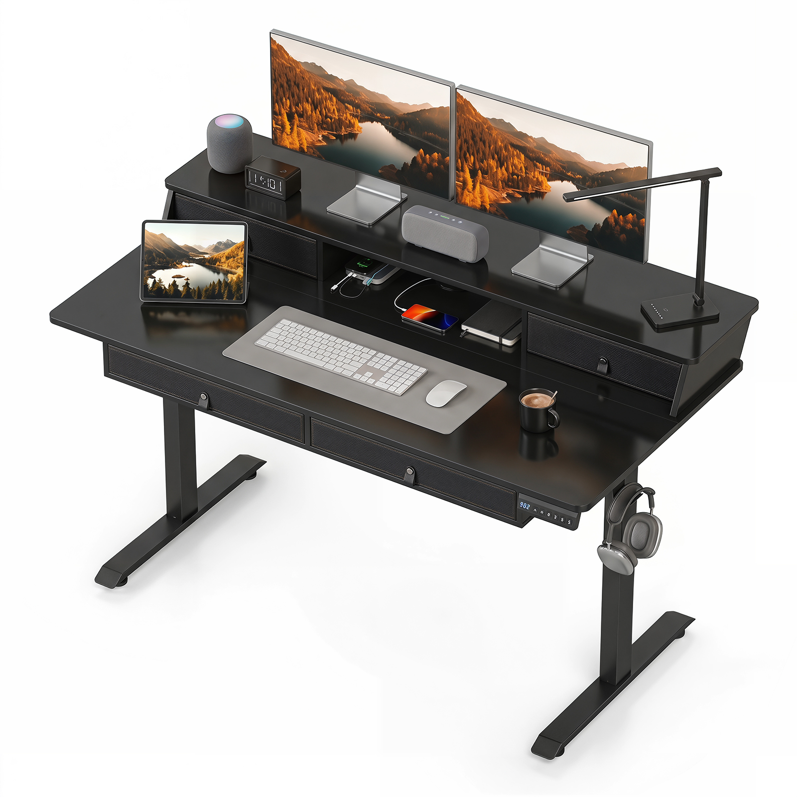 55” x 27” Electric Standing Desk w/Drawers Monitor Stand Hook 3 Memory Heights