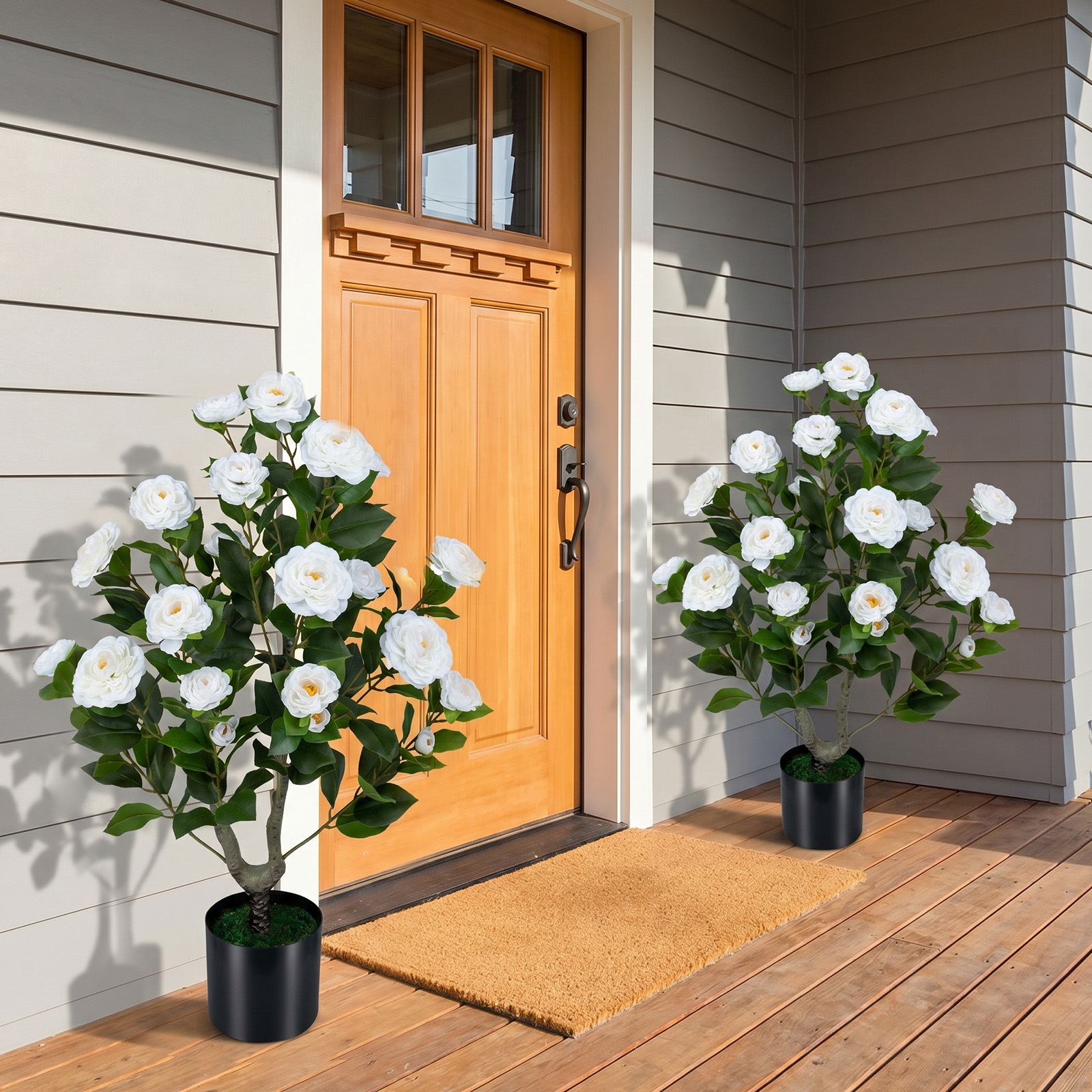 Artificial Camellia Tree, 35.5″ Faux Flower Plant in Cement-Filled Pot for Home