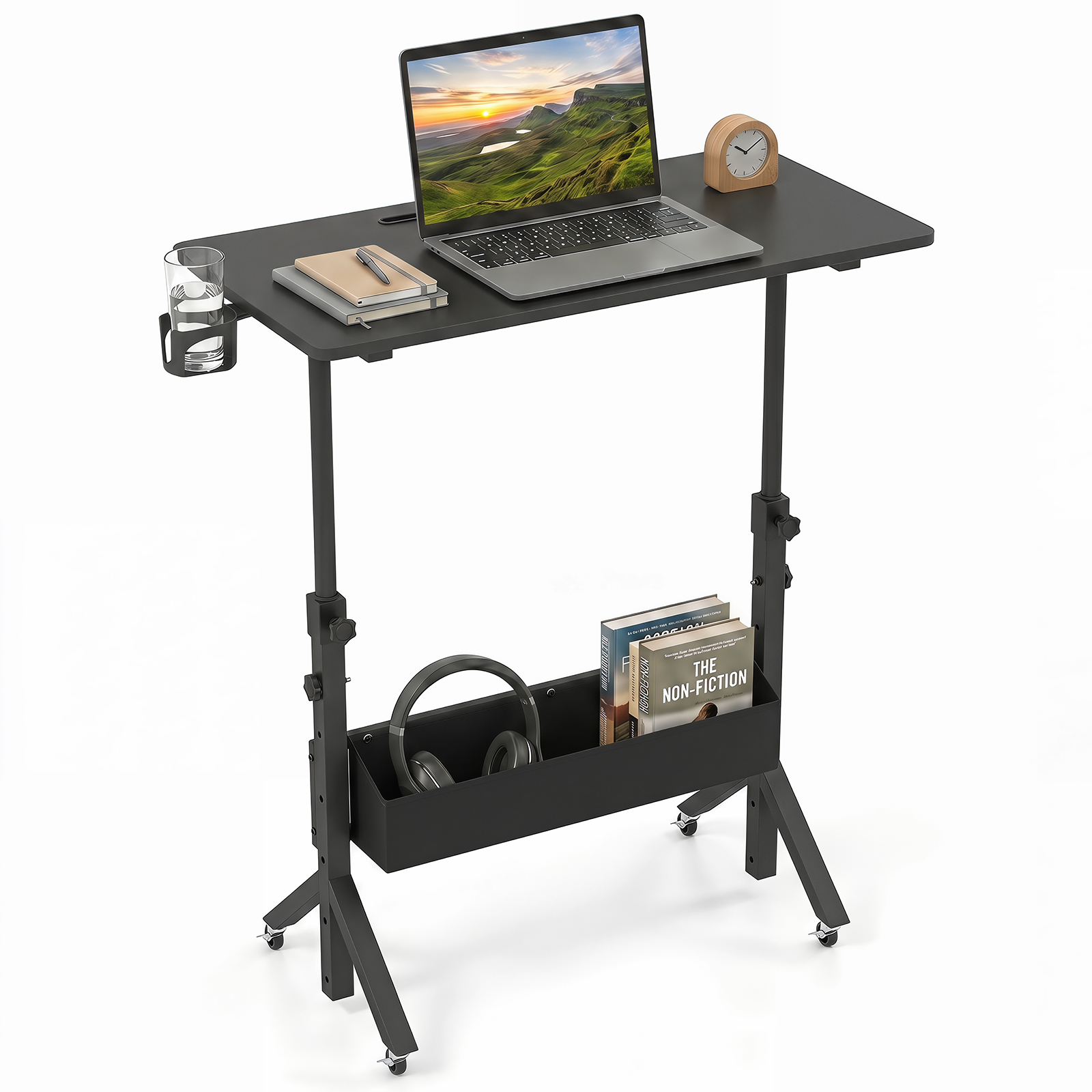 Mobile Standing Desk w/Cup Holder, Storage Basket & Tablet Slot, Lockable Wheels