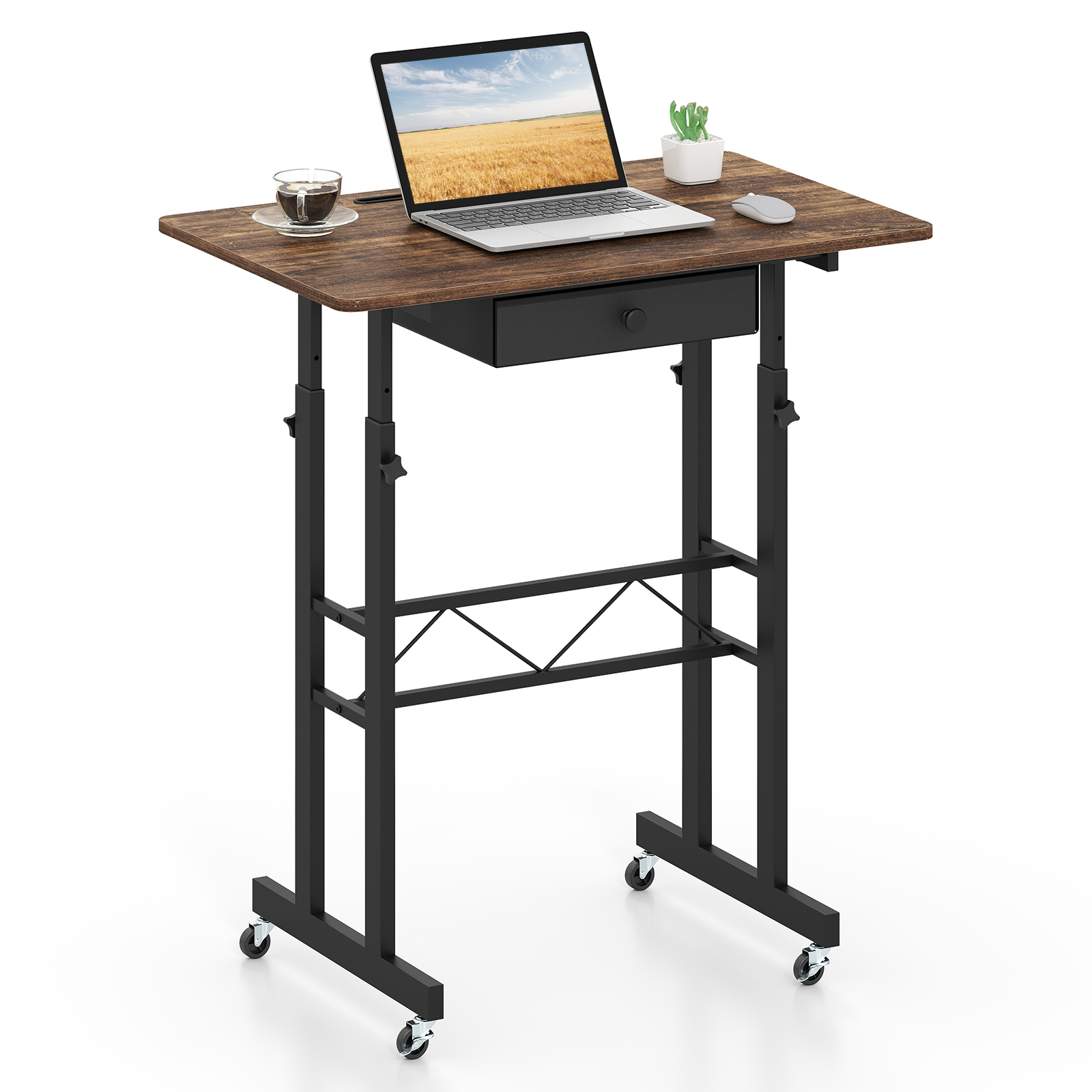 Standing Desk, Height Adjustable Laptop Desk with Fabric Drawer, Tablet Holder