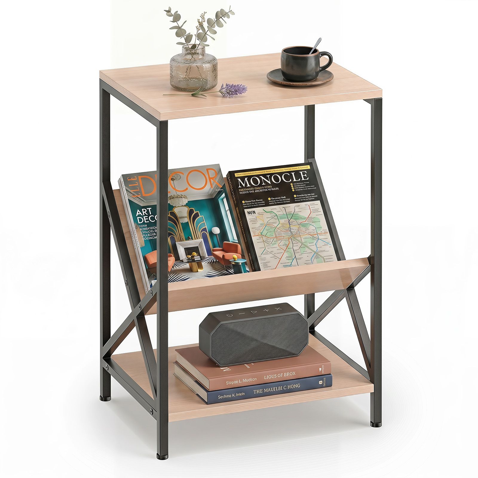 Industrial Side Table 3-Tier End Table with V-Shaped Magazine Holder Beech