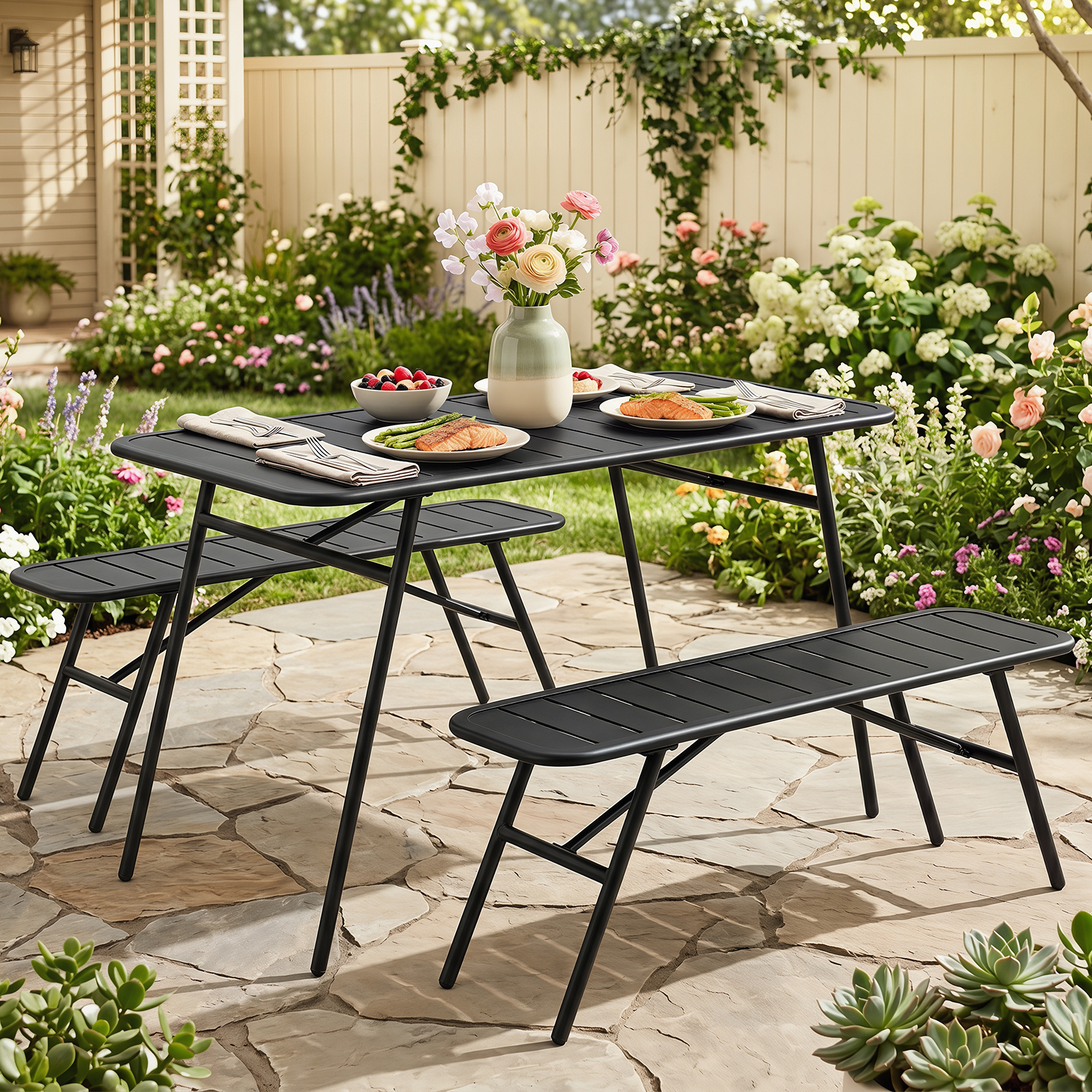 3PCS Outdoor Dining Set, Patio Coffee Table & 2 Dining Benches w/Slatted Design