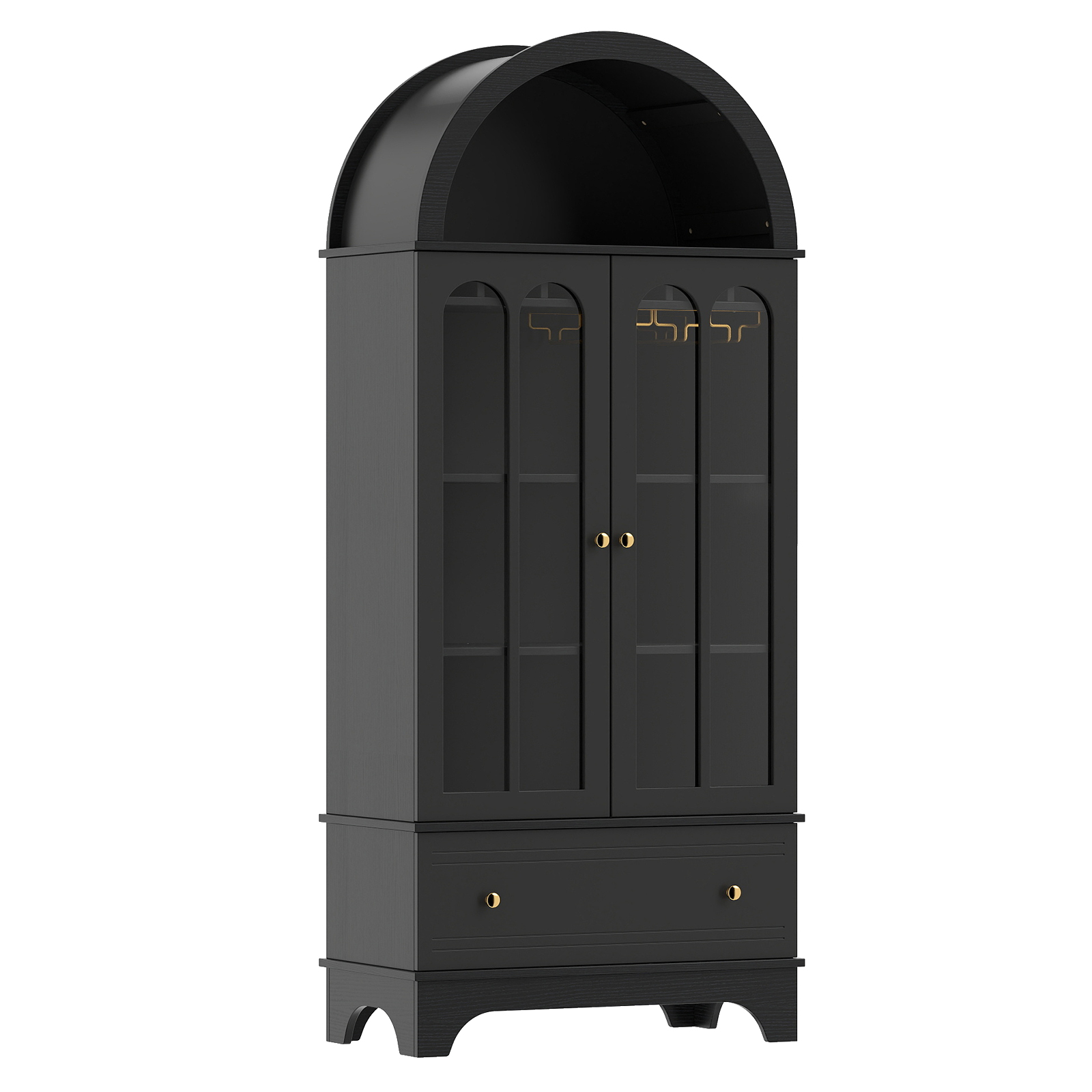 71.5″ 5-Tier Arched Cabinet w/Tempered Glass Doors, Drawer, 6-Bottle Wine Rack