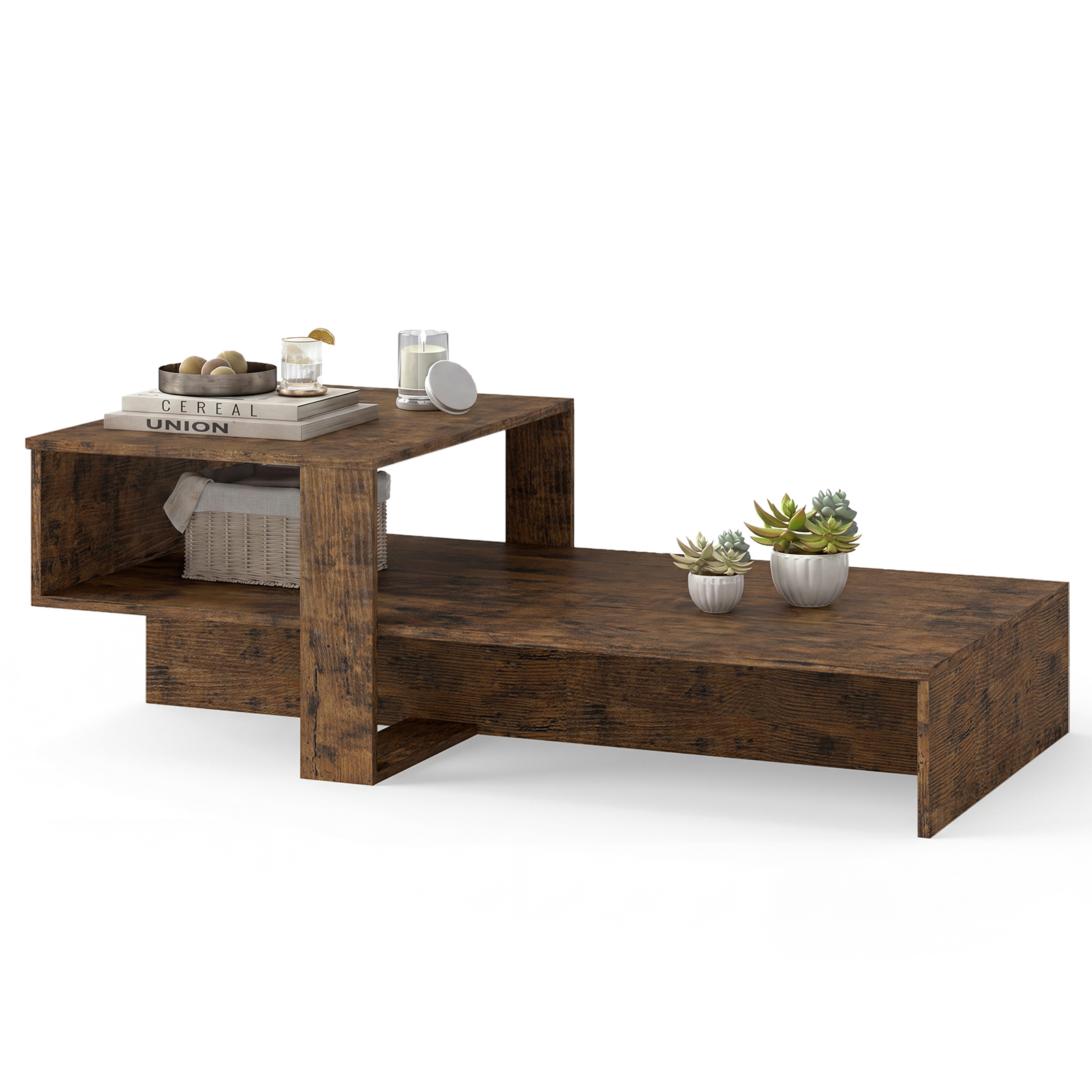 2-Tier Coffee Table with Open Storage Shelf, Cross-shaped Base for Living Room