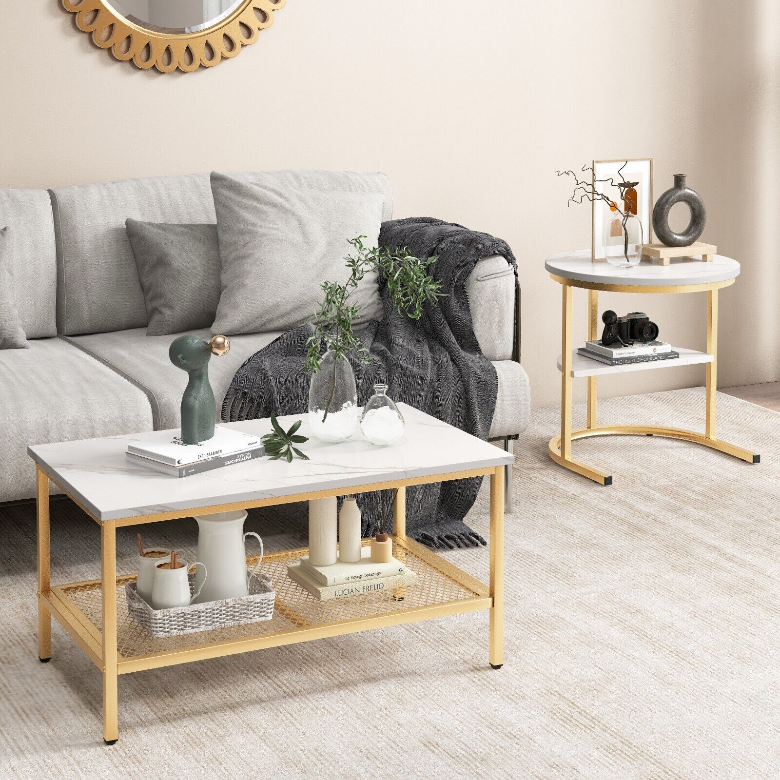 Set of 2 Gold Nesting Coffee Table 2-in-1 Detachable Faux Marble Top Table Set - Produktbild 8