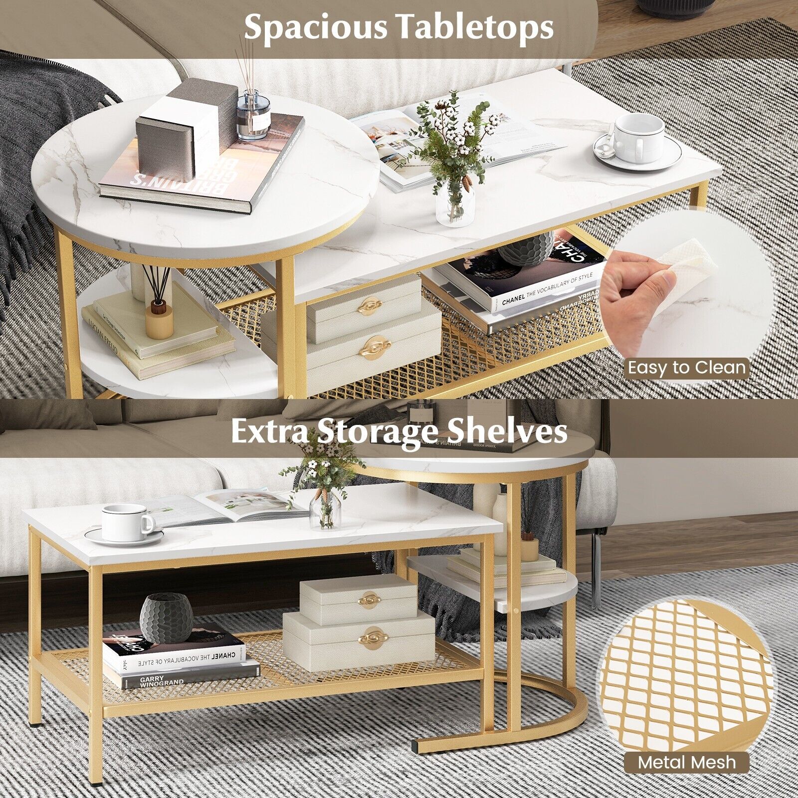 Set of 2 Gold Nesting Coffee Table 2-in-1 Detachable Faux Marble Top Table Set - Produktbild 5