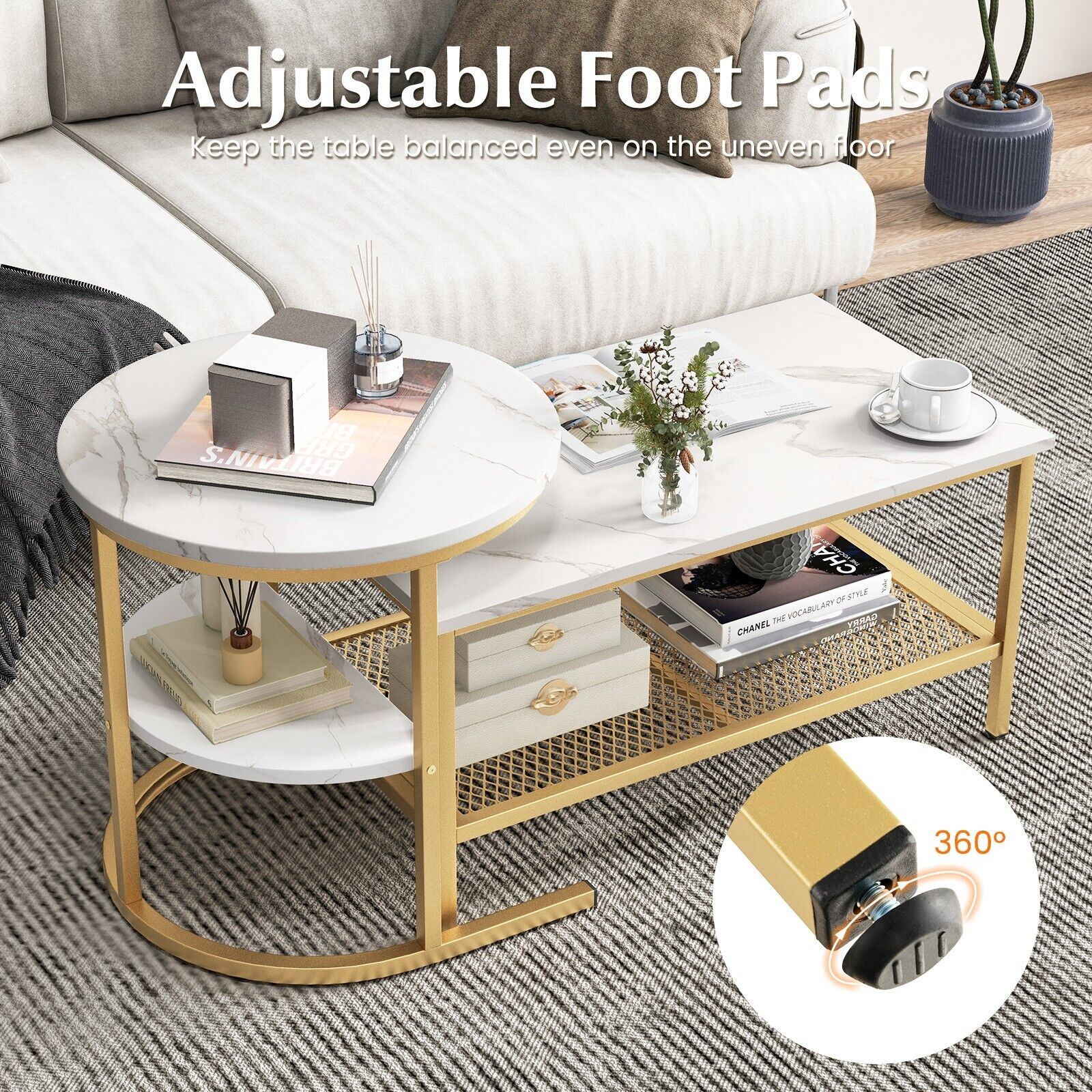 Set of 2 Gold Nesting Coffee Table 2-in-1 Detachable Faux Marble Top Table Set - Produktbild 3