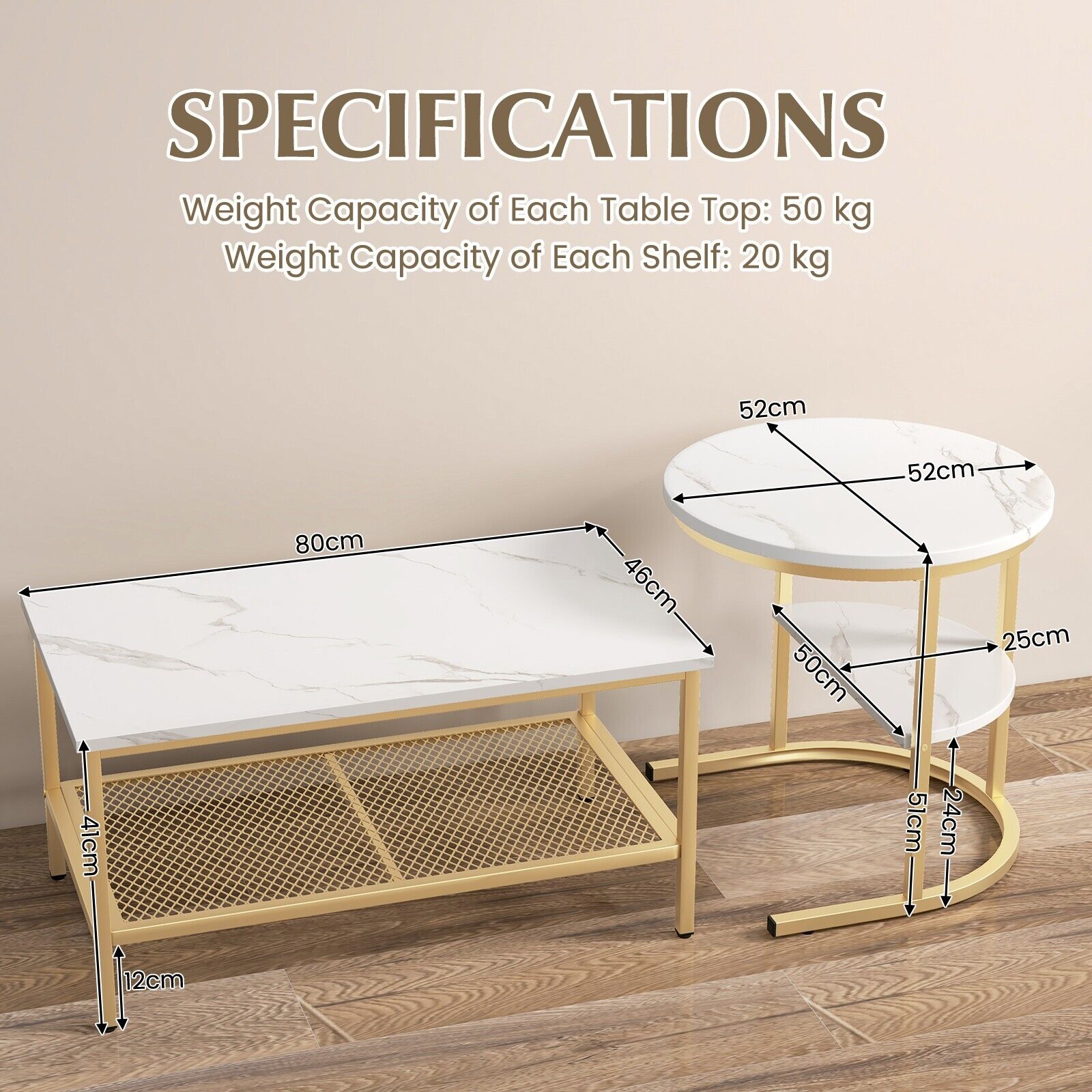 Set of 2 Gold Nesting Coffee Table 2-in-1 Detachable Faux Marble Top Table Set - Produktbild 1